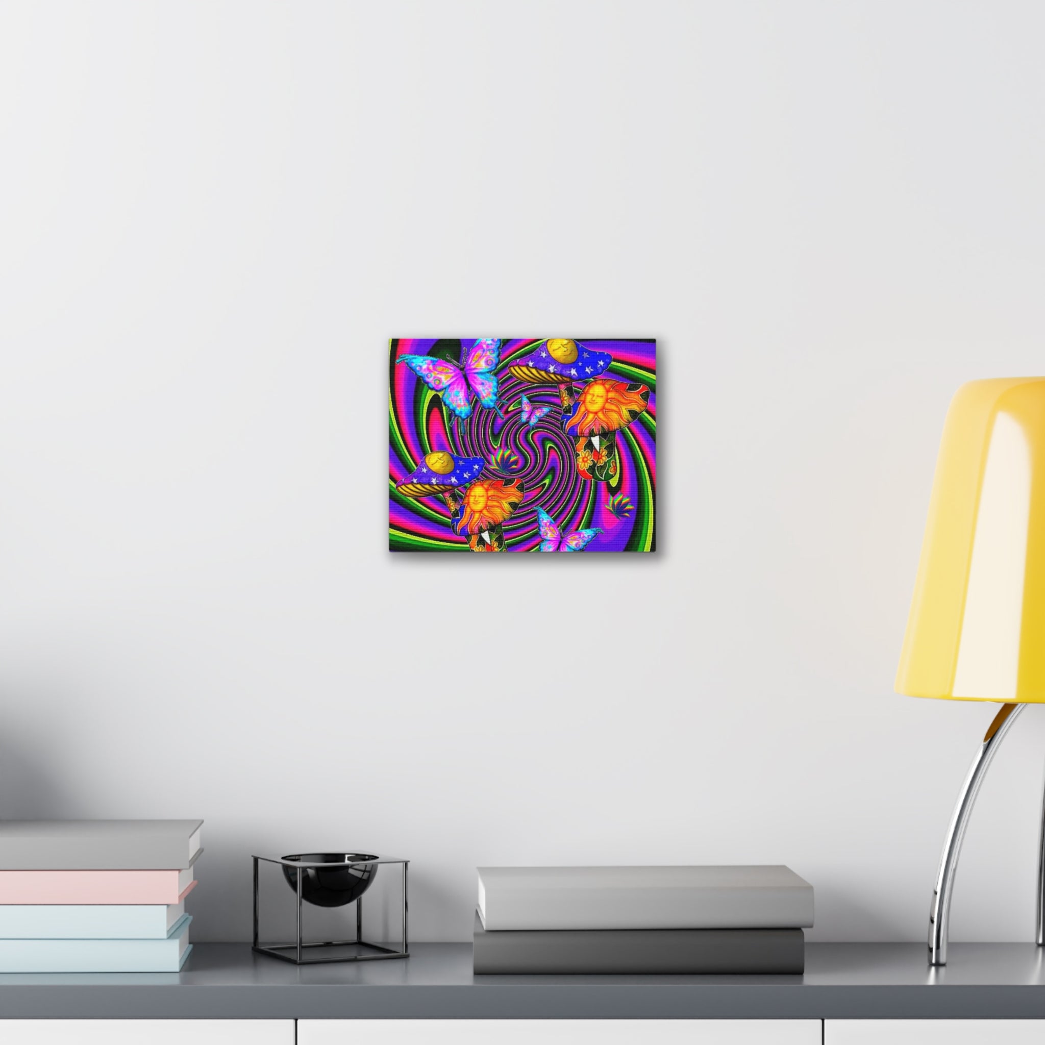 Psychedelic Sun & Mushroom Canvas Wall Art – Vibrant Butterfly Spiral Print