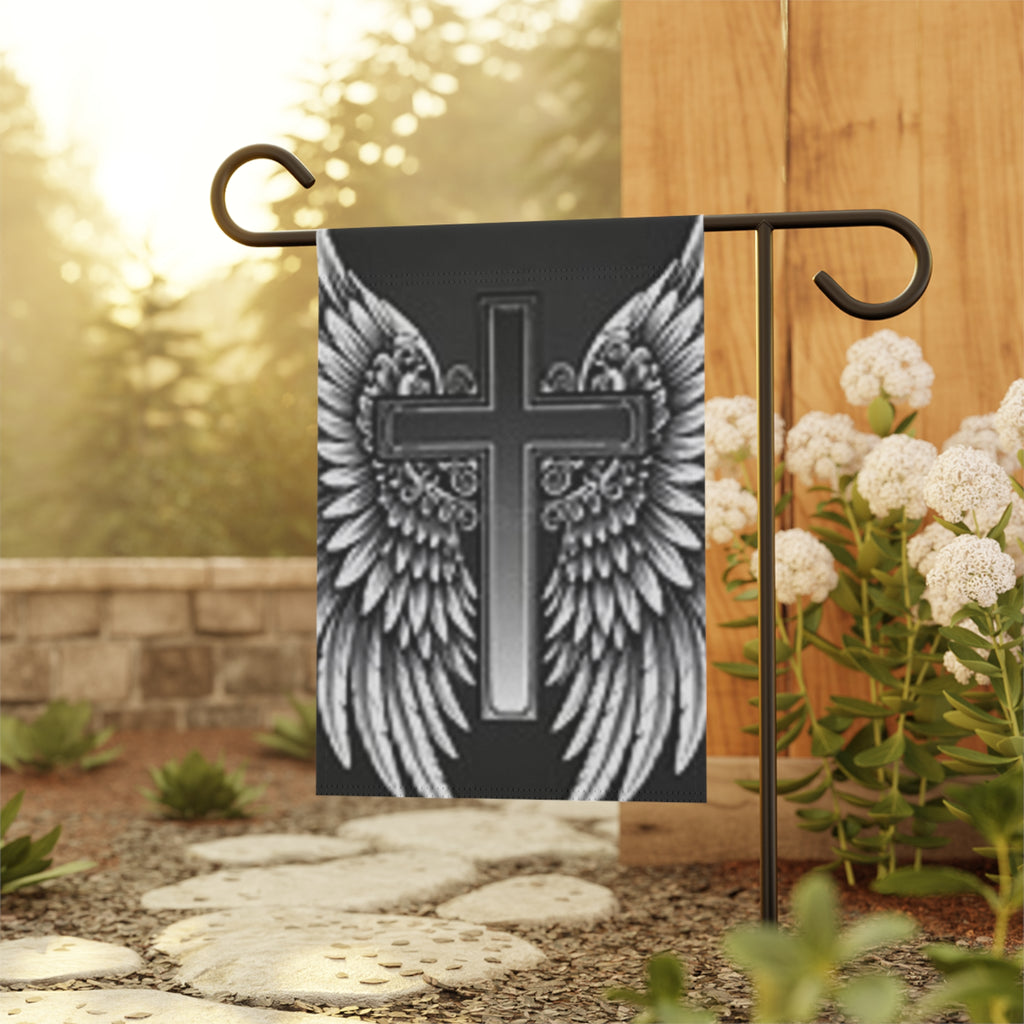 Faith Cross Garden Flag with Angel Wings — Outdoor House Banner for Memorials & Christian Decor