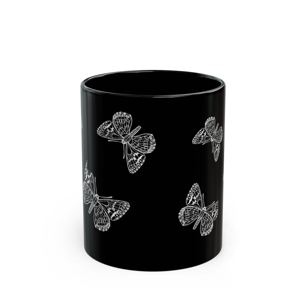 Black Butterfly Mug — 11oz/15oz Ceramic Coffee Cup, Monochrome Sketch Floral Gift
