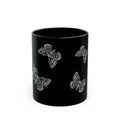 Black Butterfly Mug — 11oz/15oz Ceramic Coffee Cup, Monochrome Sketch Floral Gift