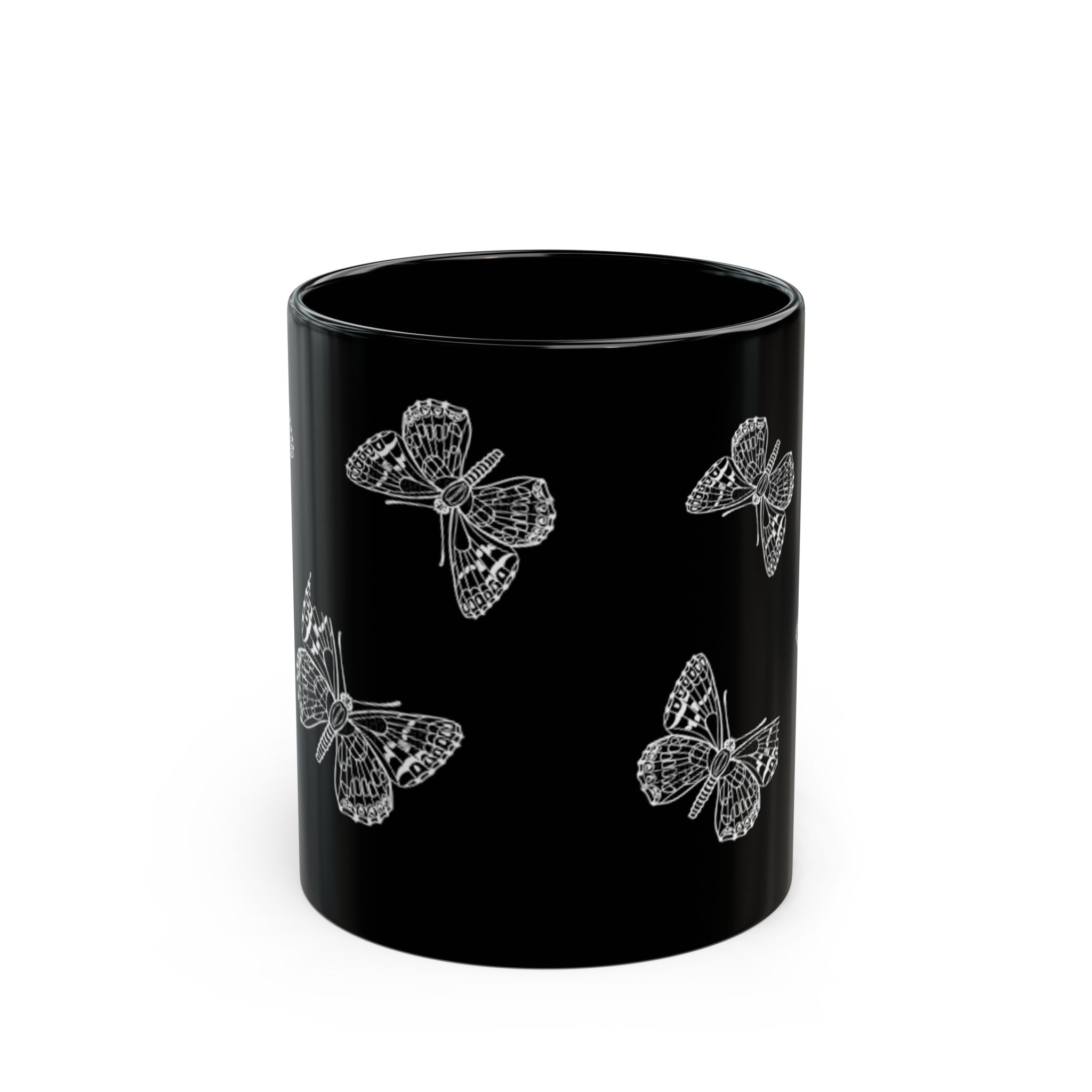 Black Butterfly Mug — 11oz/15oz Ceramic Coffee Cup, Monochrome Sketch Floral Gift