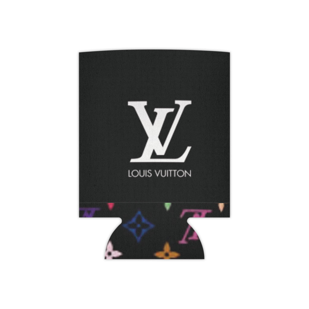 Designer Logo Can Cooler — Black Multicolor Monogram Neoprene Koozie