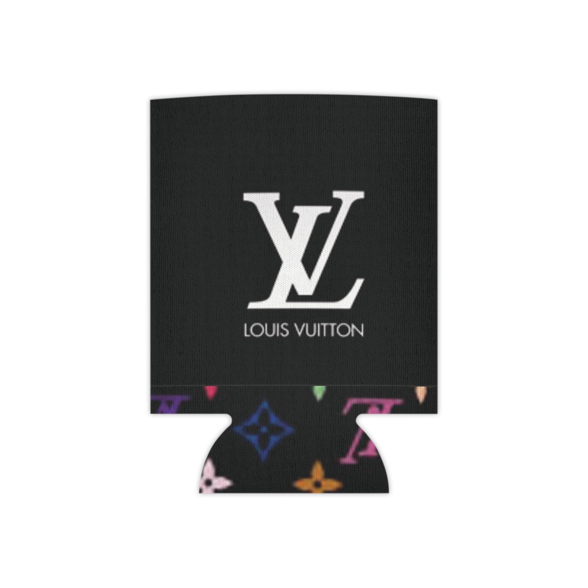 Designer Logo Can Cooler — Black Multicolor Monogram Neoprene Koozie