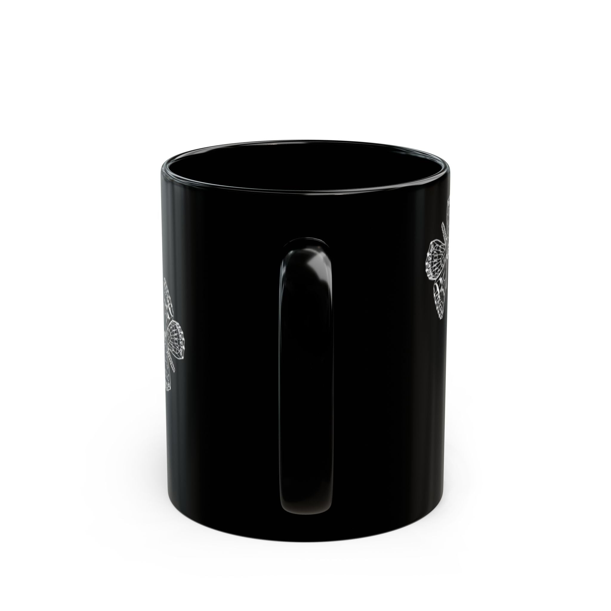 Black Butterfly Mug — 11oz/15oz Ceramic Coffee Cup, Monochrome Sketch Floral Gift
