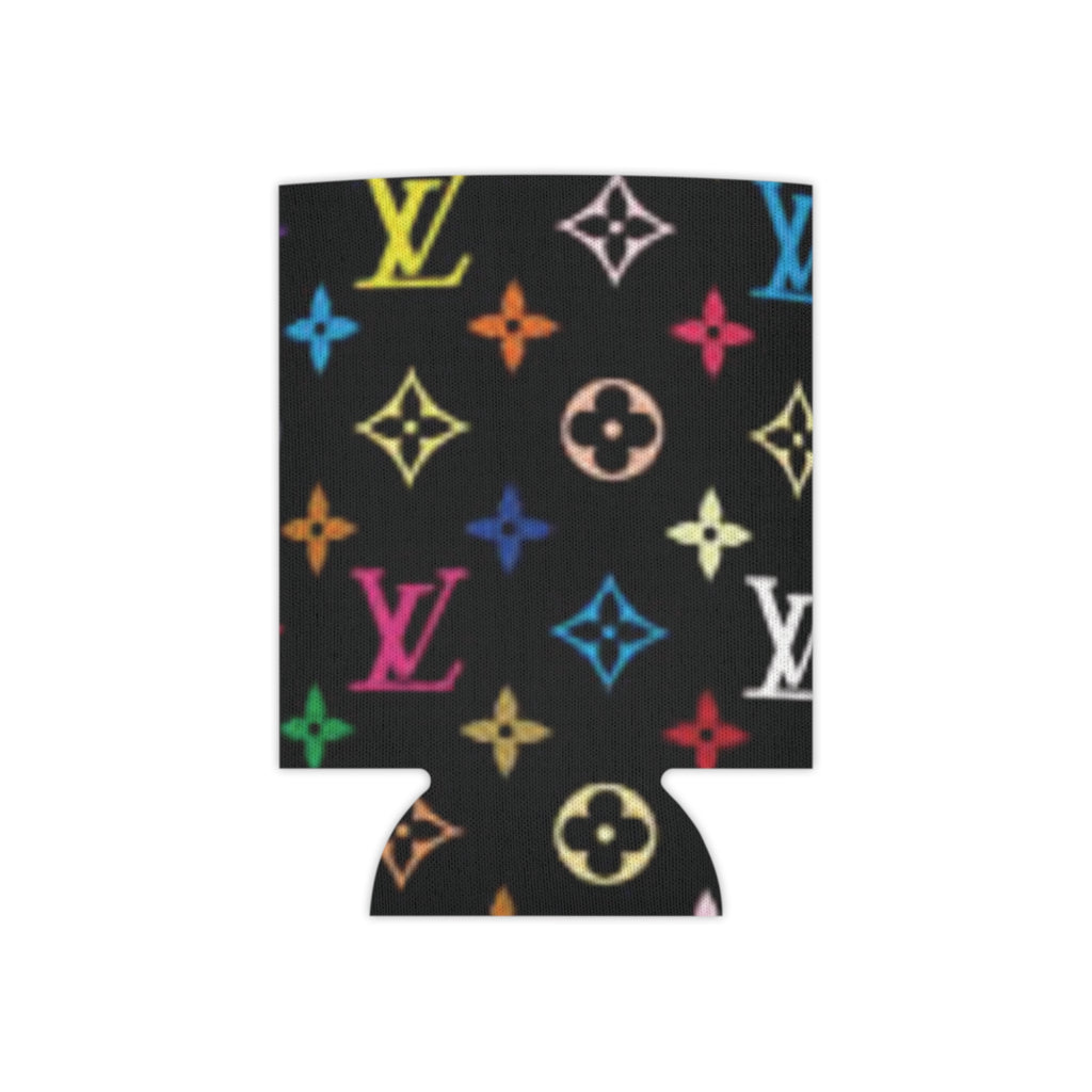 Designer Logo Can Cooler — Black Multicolor Monogram Neoprene Koozie