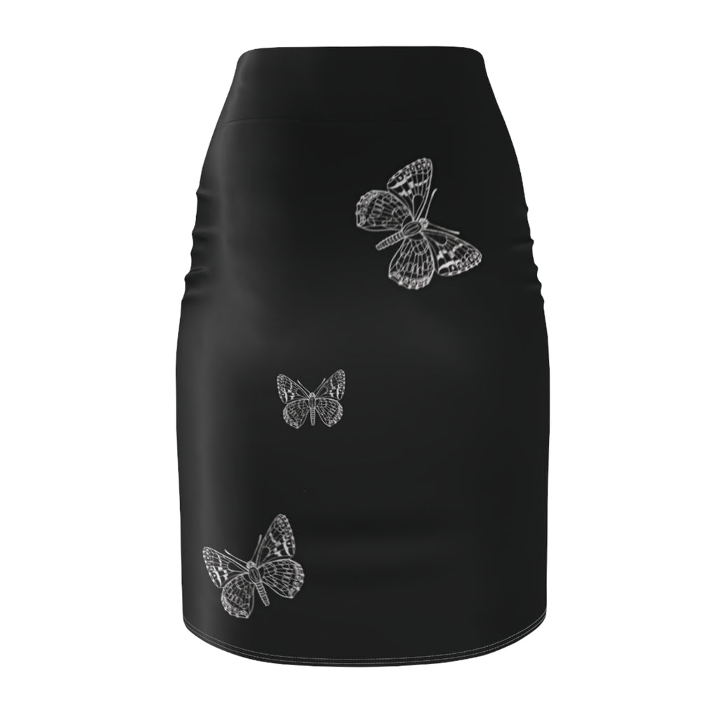 Black Pencil Skirt with White Butterfly Print — Women's Elegant Floral Office Skirt