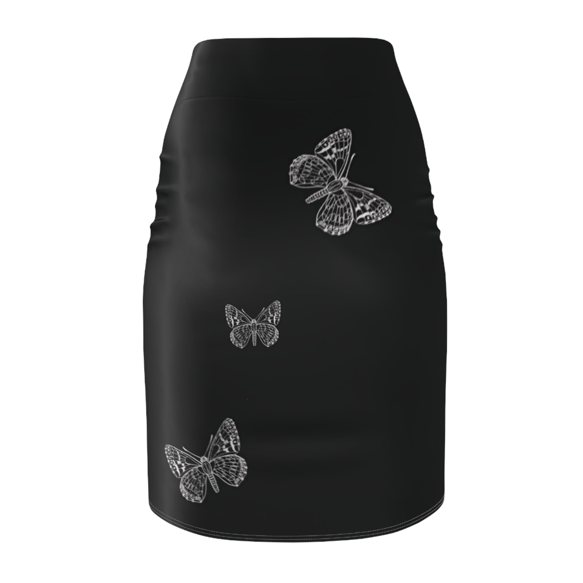Black Pencil Skirt with White Butterfly Print — Women's Elegant Floral Office Skirt