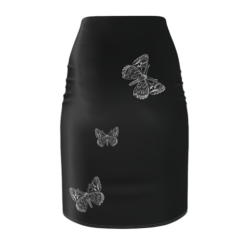 Black Pencil Skirt with White Butterfly Print — Women's Elegant Floral Office Skirt