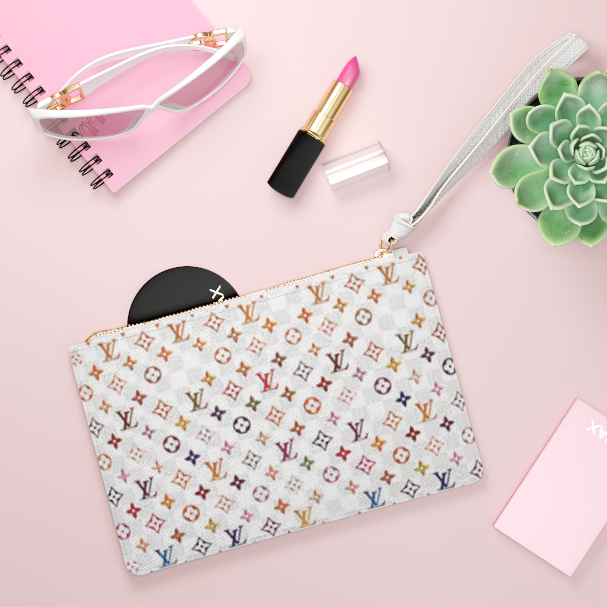 Designer-Inspired Monogram Clutch — White Multicolor LV Pattern Wristlet