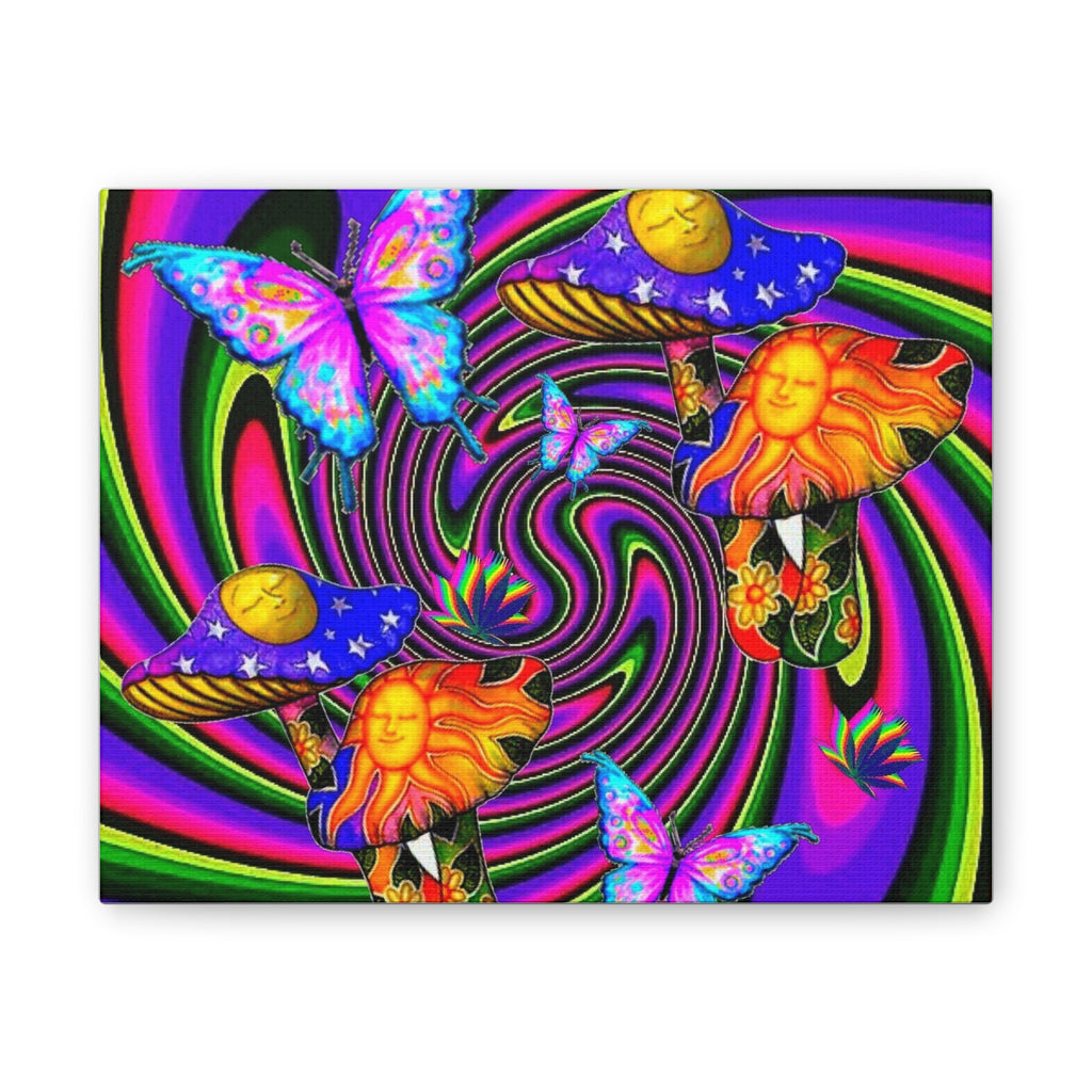 Psychedelic Sun & Mushroom Canvas Wall Art – Vibrant Butterfly Spiral Print