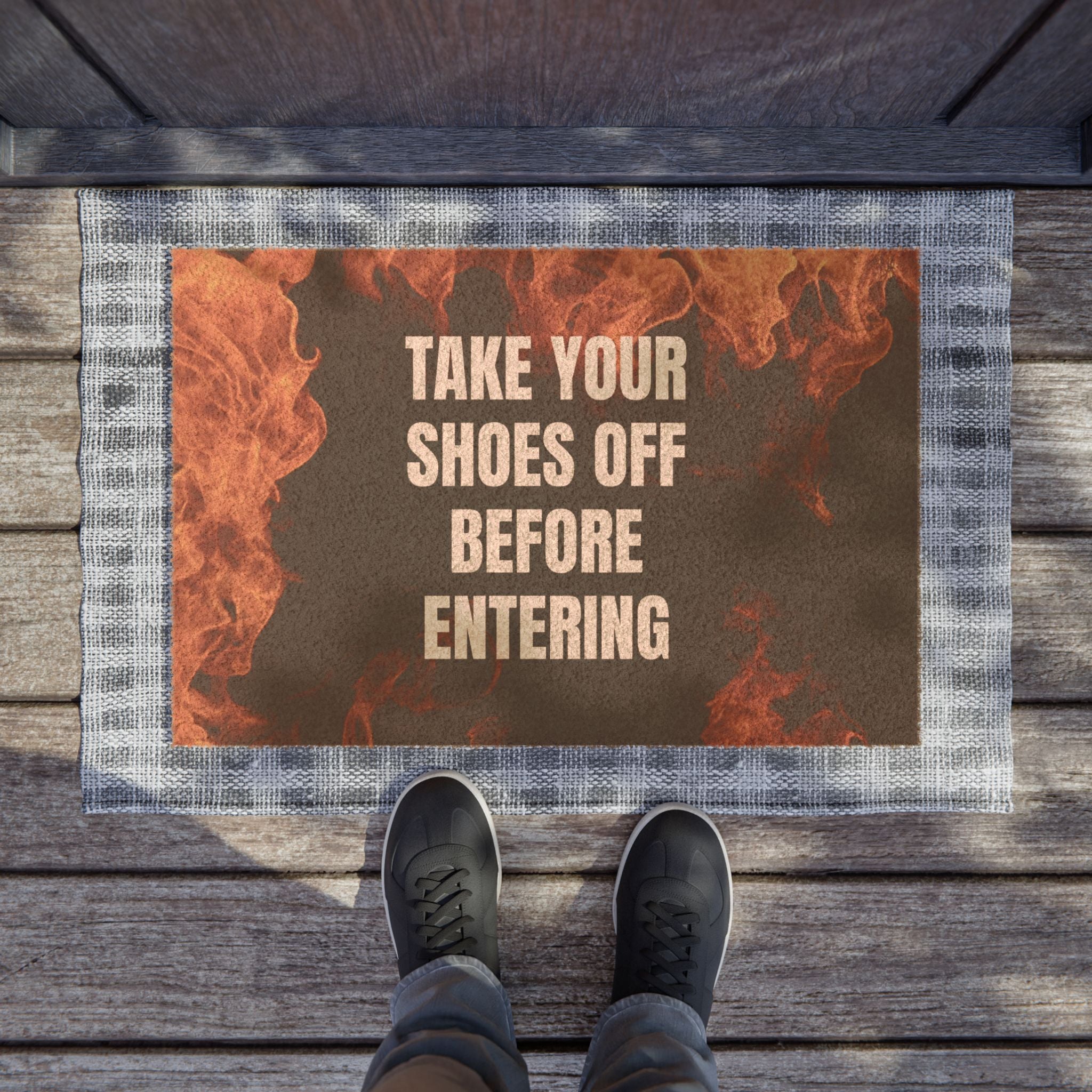 Doormat — “Take Your Shoes Off Before Entering” Rustic Flame Welcome Mat