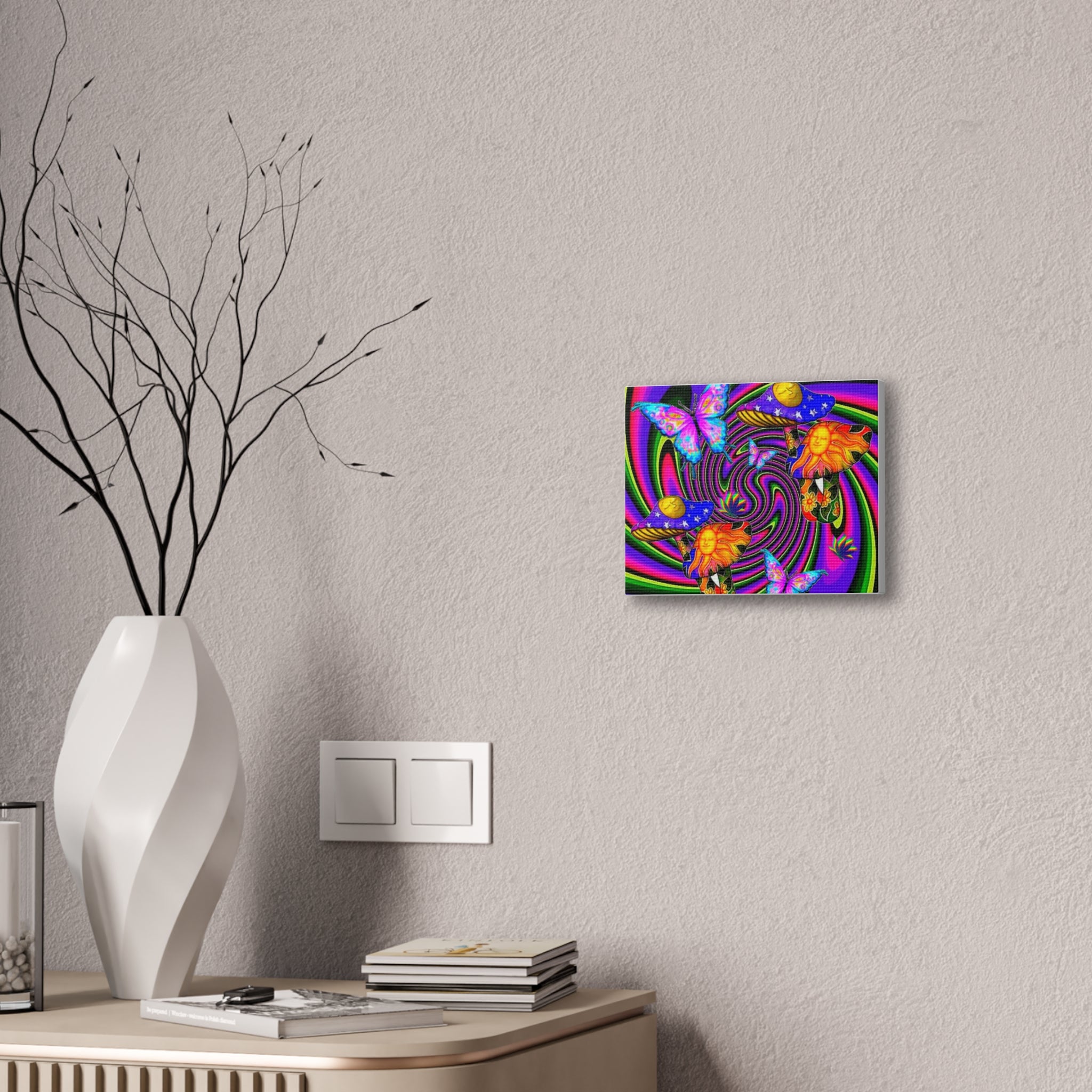 Psychedelic Sun & Mushroom Canvas Wall Art – Vibrant Butterfly Spiral Print