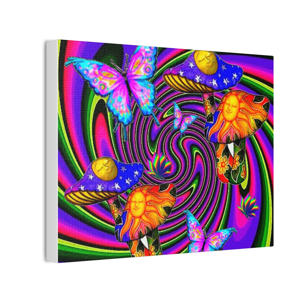 Psychedelic Sun & Mushroom Canvas Wall Art – Vibrant Butterfly Spiral Print