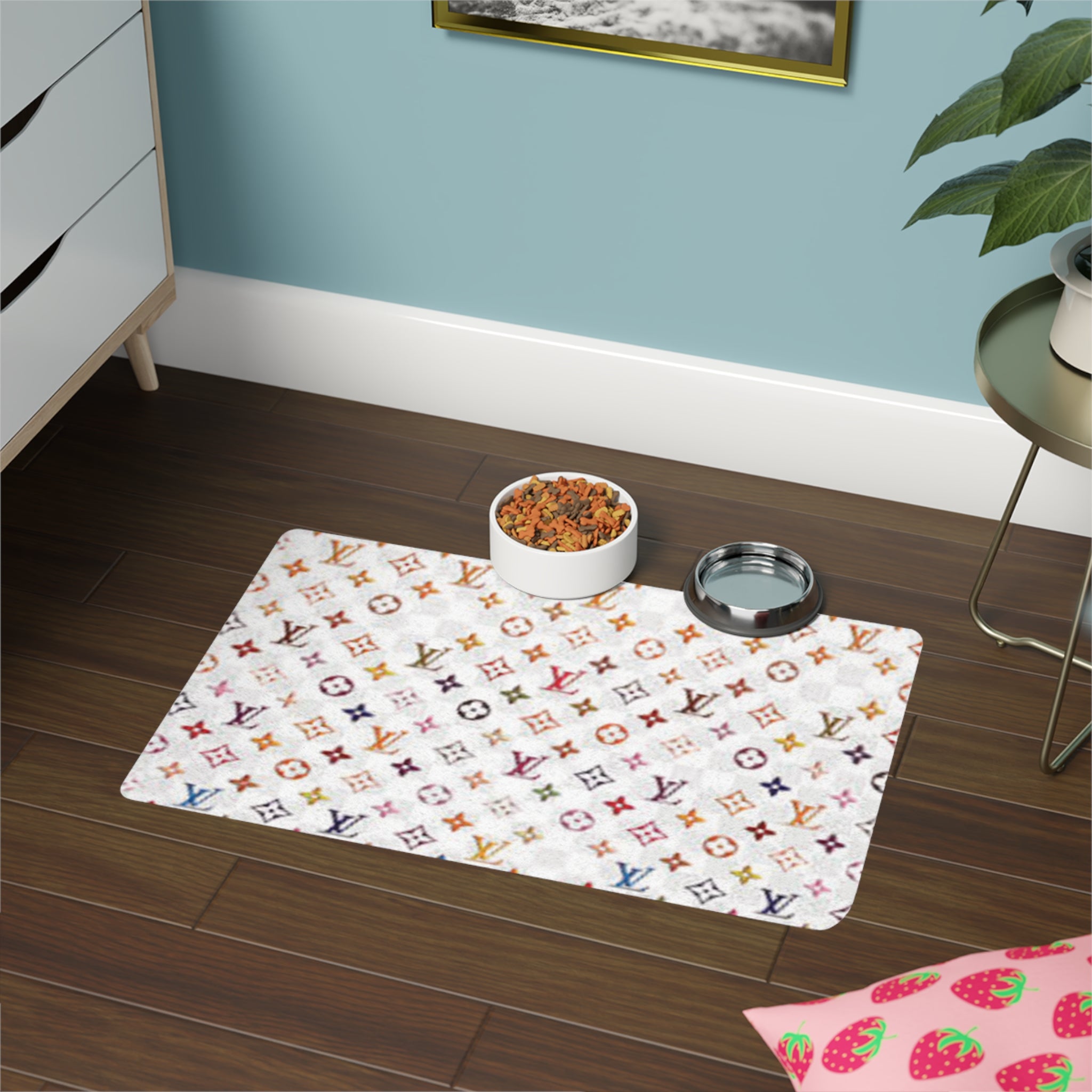 Designer Pattern Pet Food Mat (12x18) — Luxury Monogram Non-Slip Feeding Mat