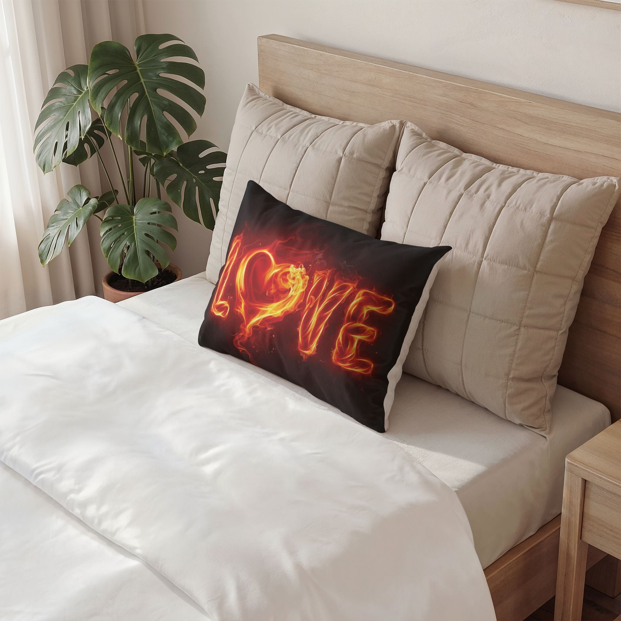 Flaming "LOVE" Cotton Pillow Sham – Romantic Fire Heart Accent