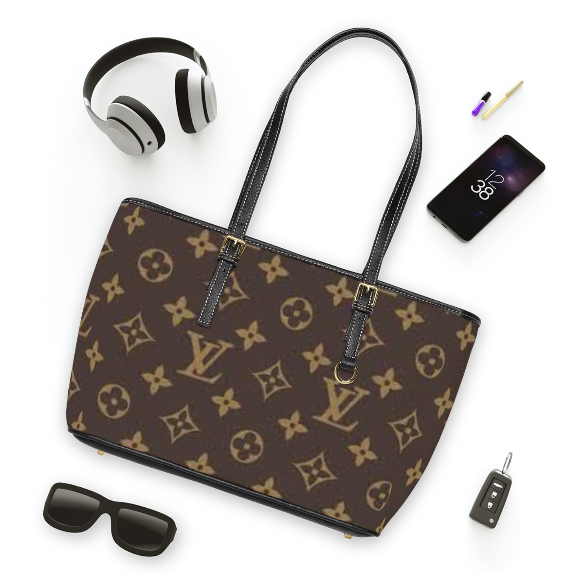 Monogram PU Leather Shoulder Bag - Classic Brown LV Pattern Tote