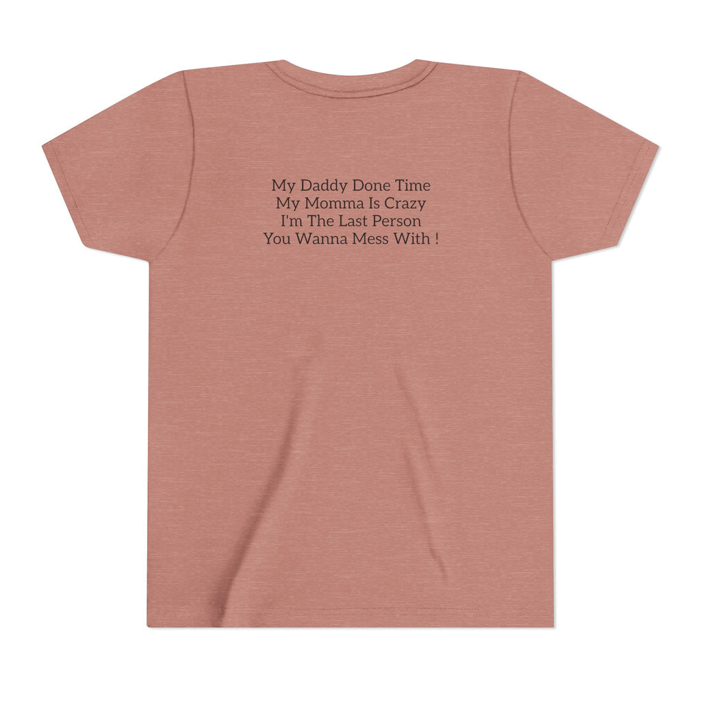 Youth Tee "Caution..." Back Quote — Protective Family Message Shirt