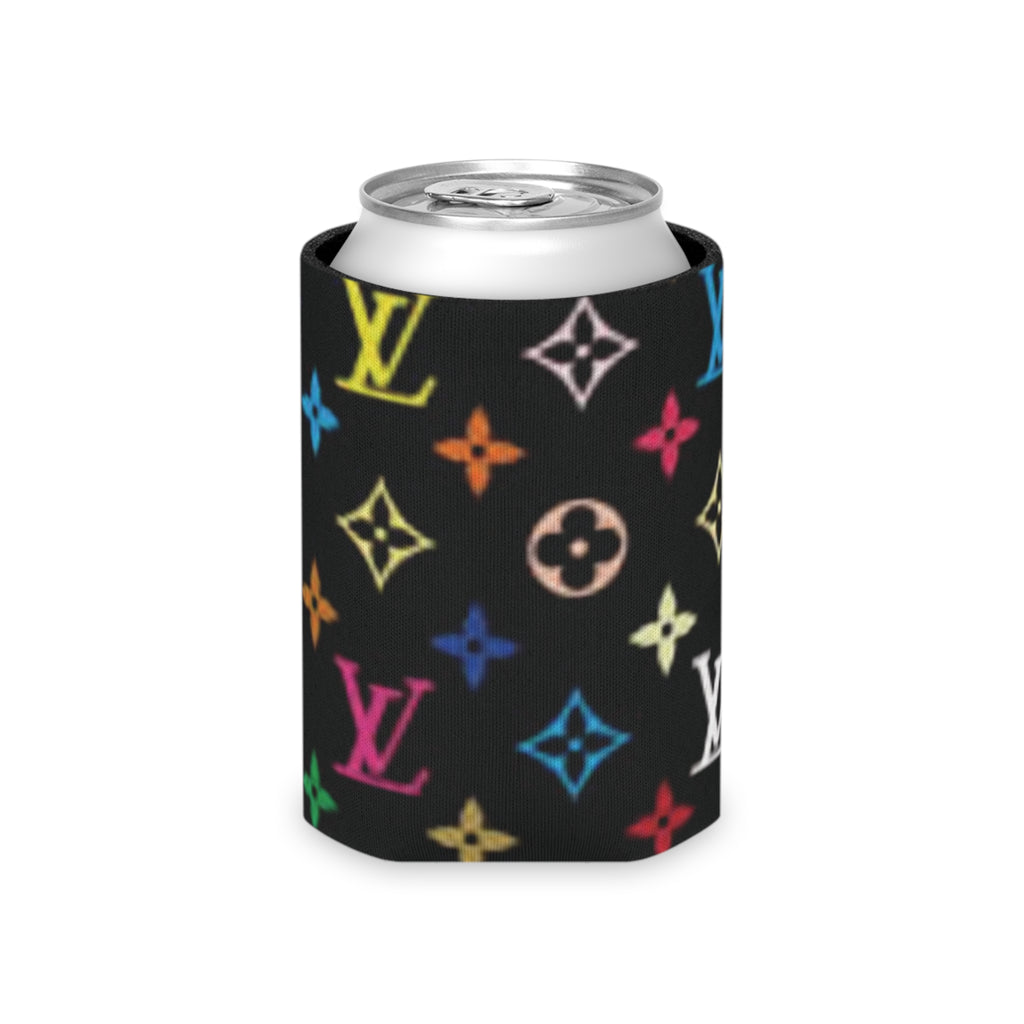 Designer Logo Can Cooler — Black Multicolor Monogram Neoprene Koozie