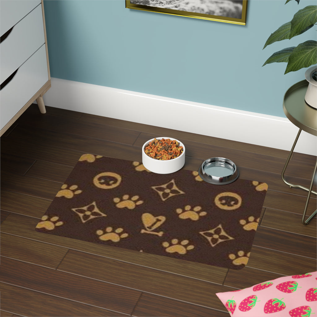 Luxury Paw Print Pet Food Mat (12x18) — Non-Slip Brown & Gold Feeding Placemat
