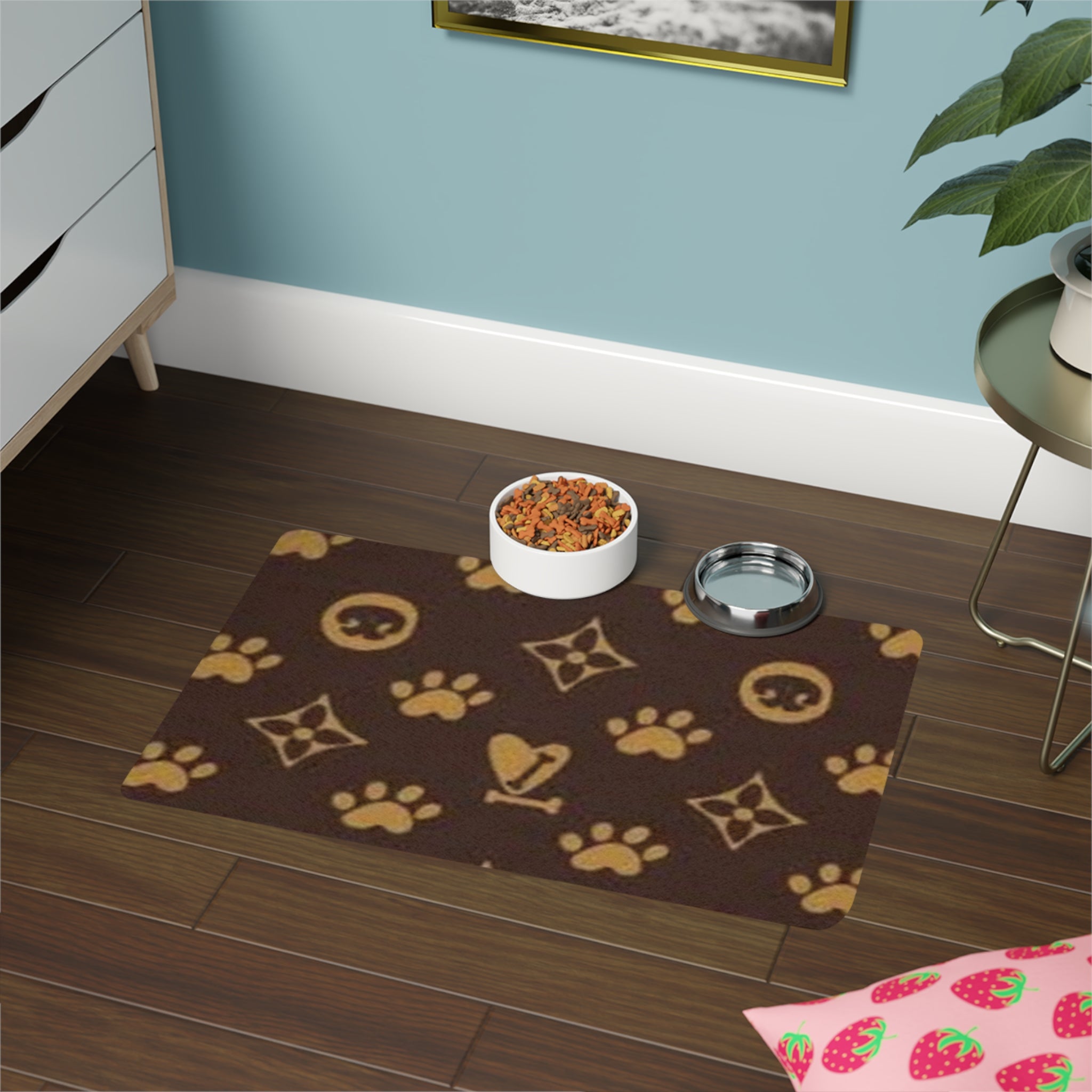 Luxury Paw Print Pet Food Mat (12x18) — Non-Slip Brown & Gold Feeding Placemat