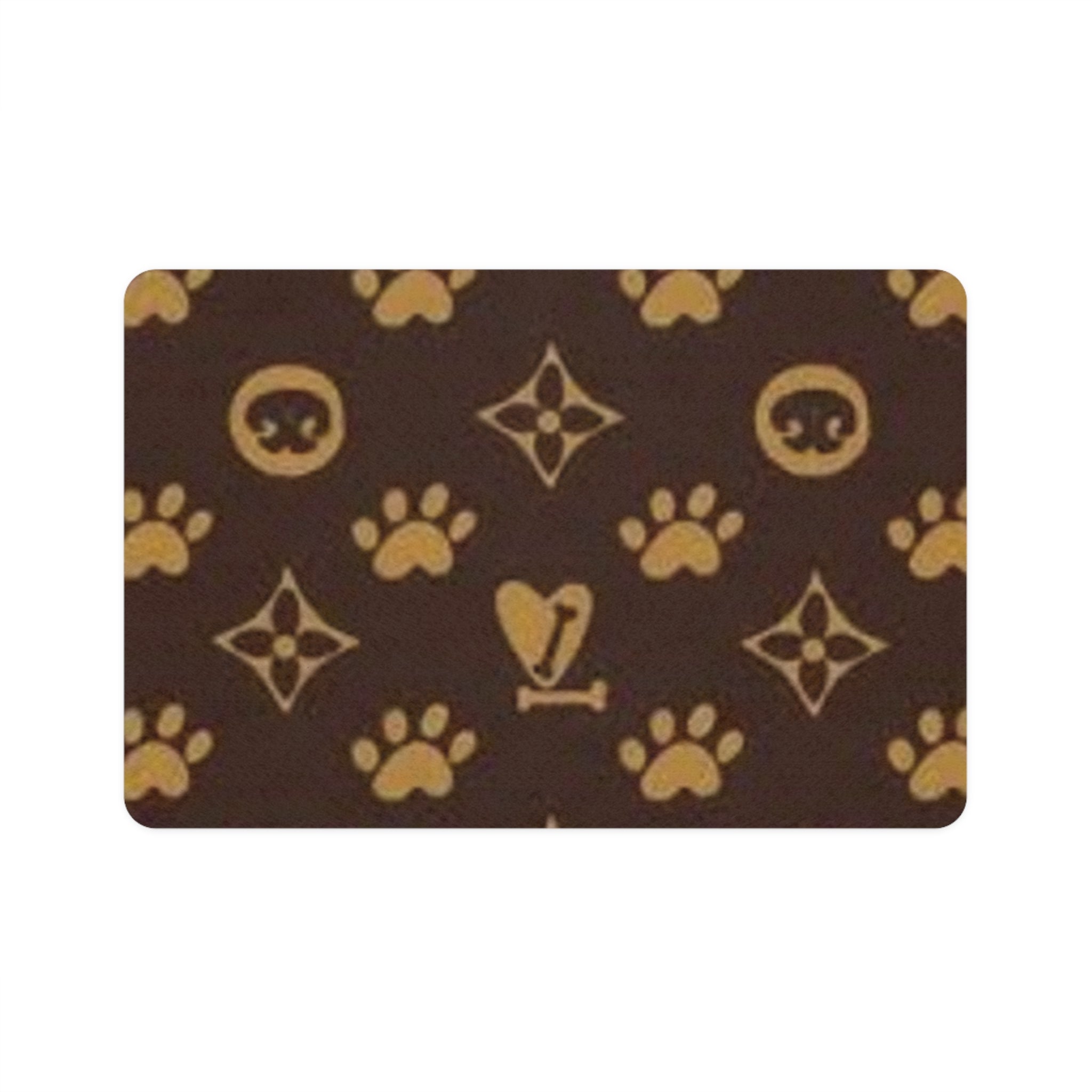 Luxury Paw Print Pet Food Mat (12x18) — Non-Slip Brown & Gold Feeding Placemat