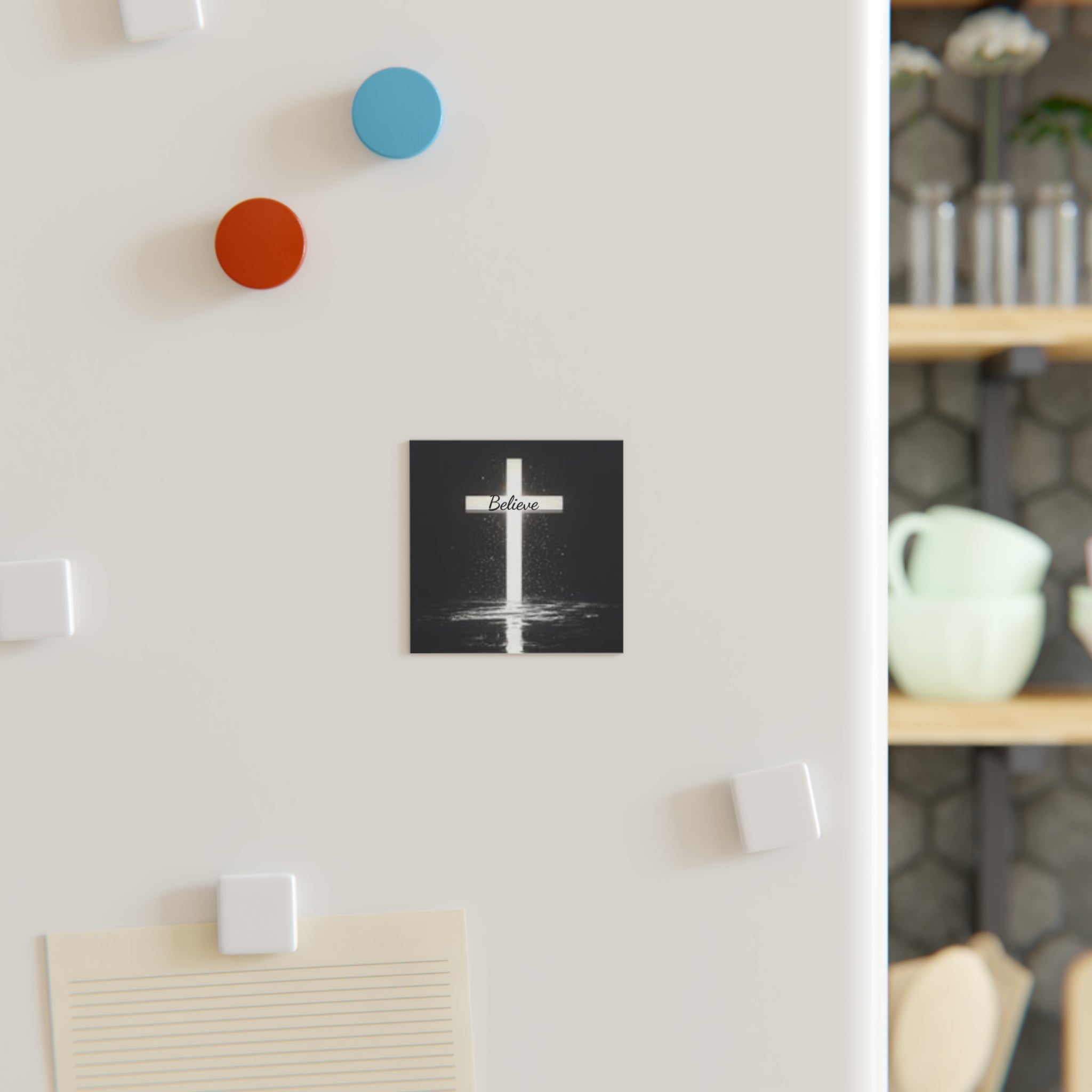 Believe Cross Square Magnet — Inspirational Christian Religious Fridge Magnet