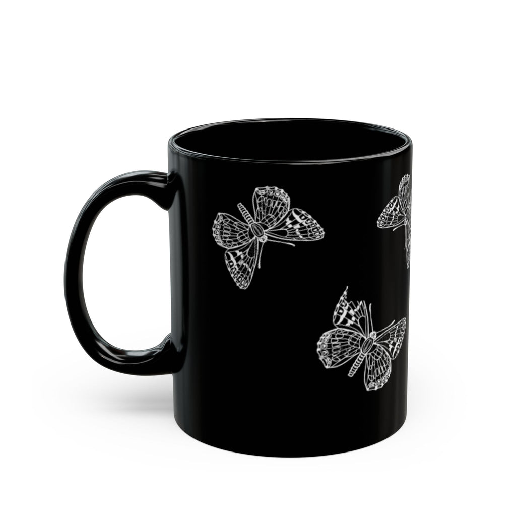 Black Butterfly Mug — 11oz/15oz Ceramic Coffee Cup, Monochrome Sketch Floral Gift