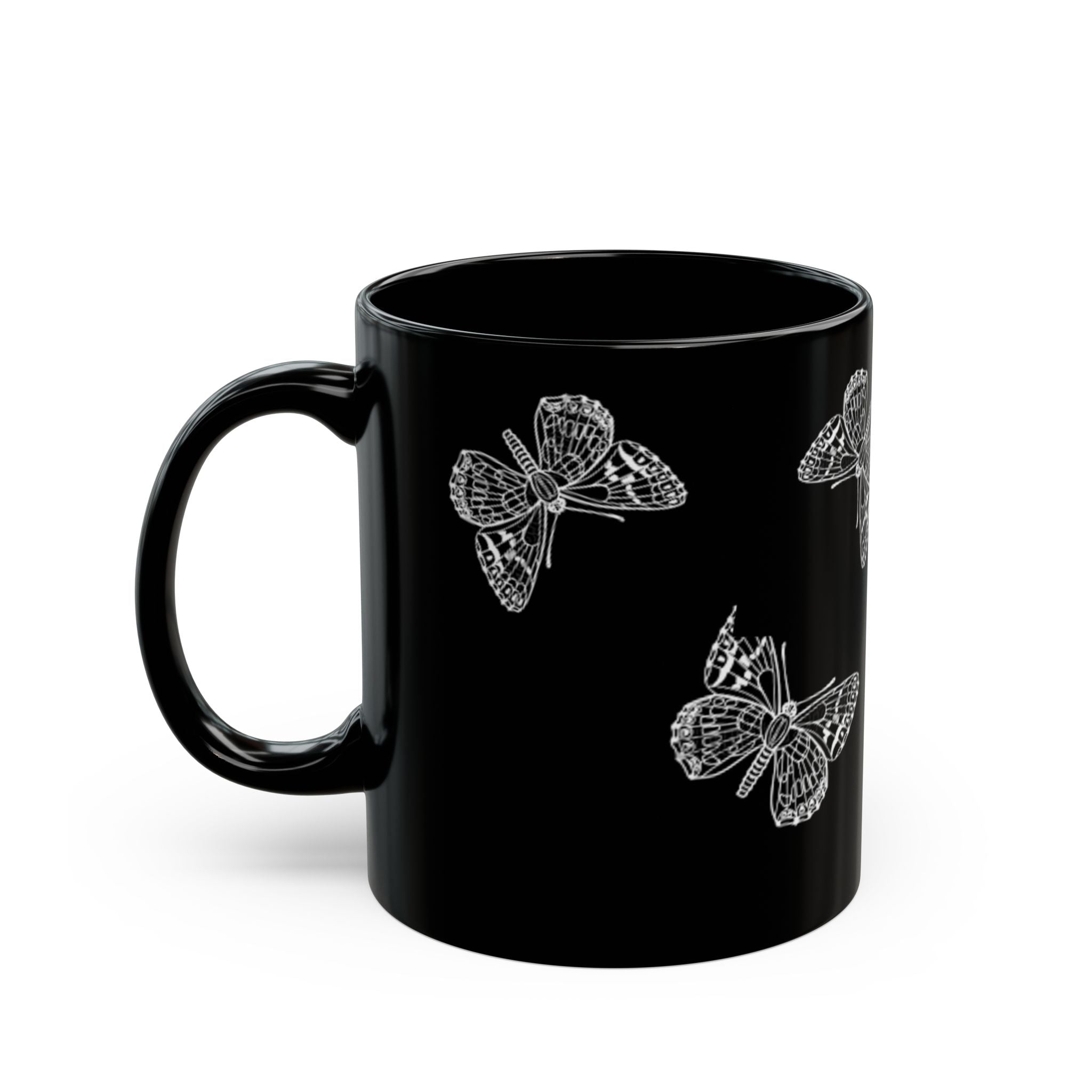 Black Butterfly Mug — 11oz/15oz Ceramic Coffee Cup, Monochrome Sketch Floral Gift