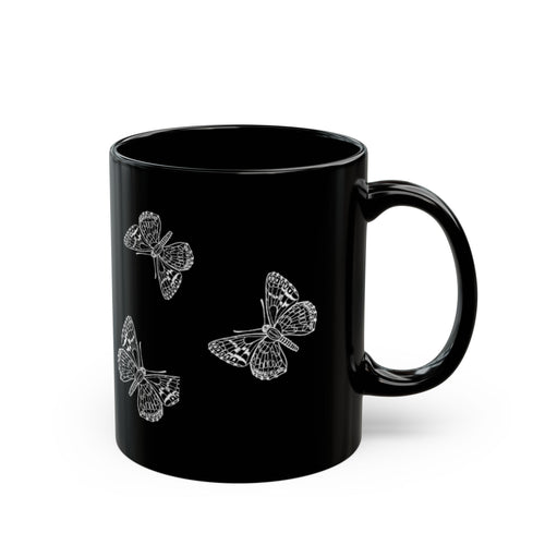 Black Butterfly Mug — 11oz/15oz Ceramic Coffee Cup, Monochrome Sketch Floral Gift