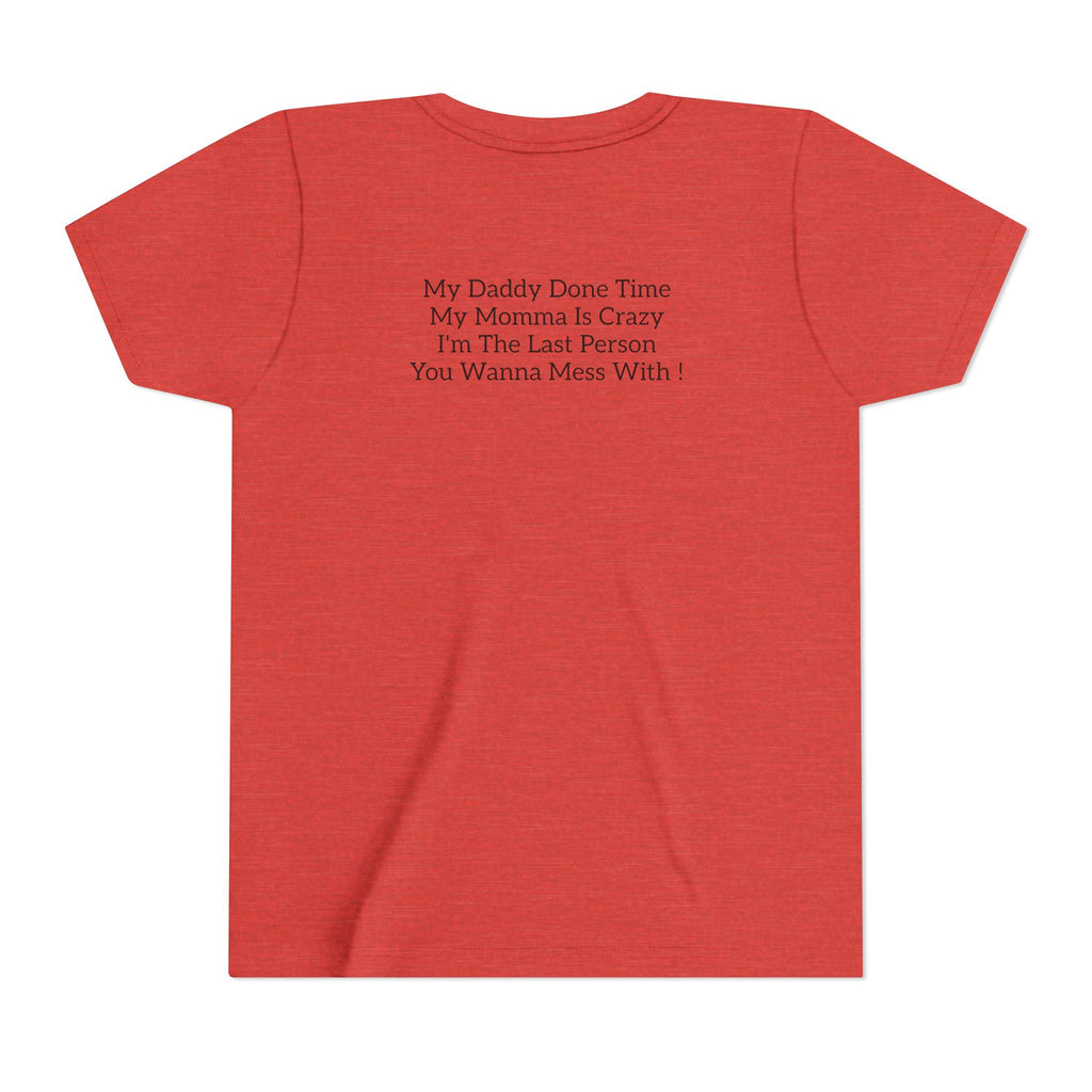 Youth Tee "Caution..." Back Quote — Protective Family Message Shirt