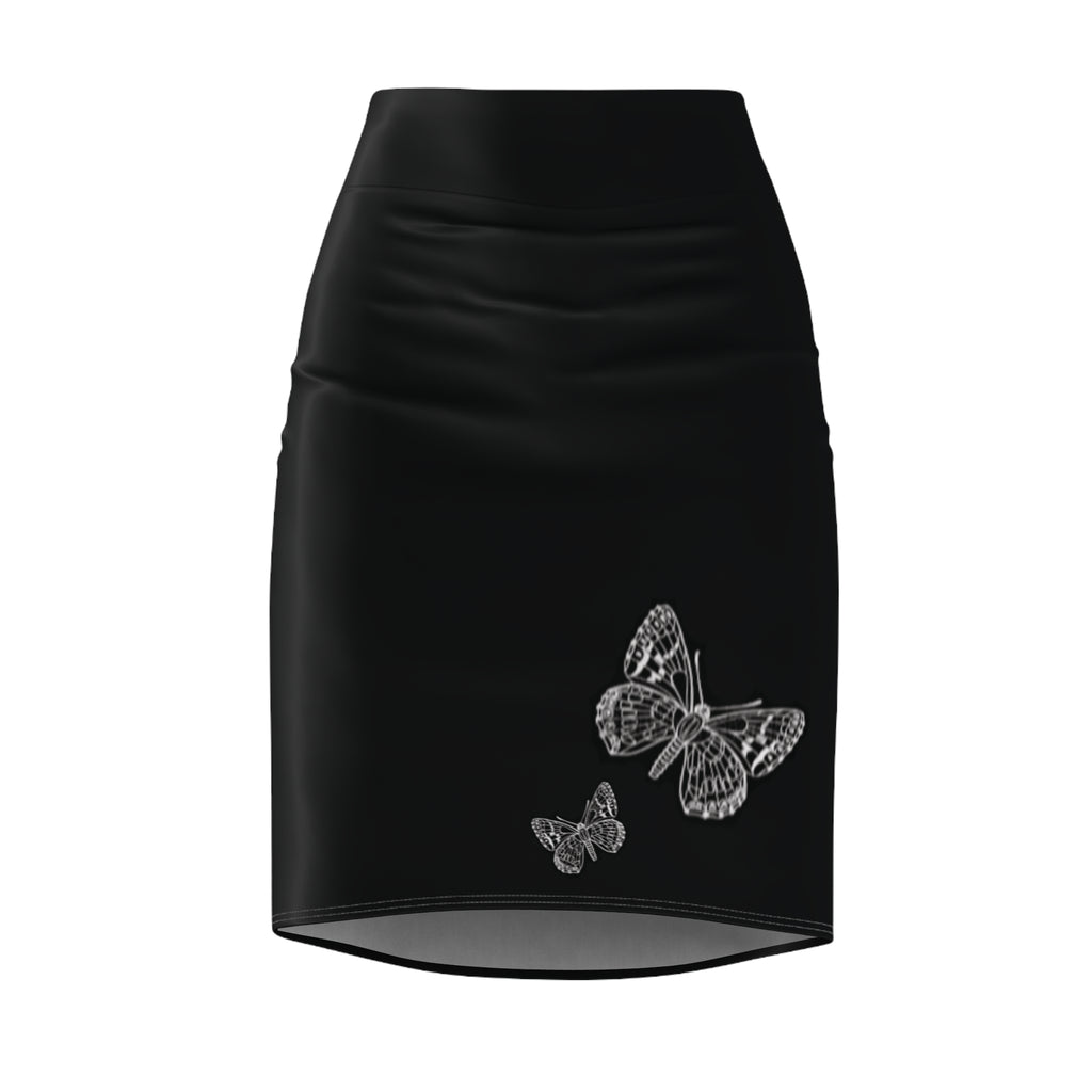 Black Pencil Skirt with White Butterfly Print — Women's Elegant Floral Office Skirt