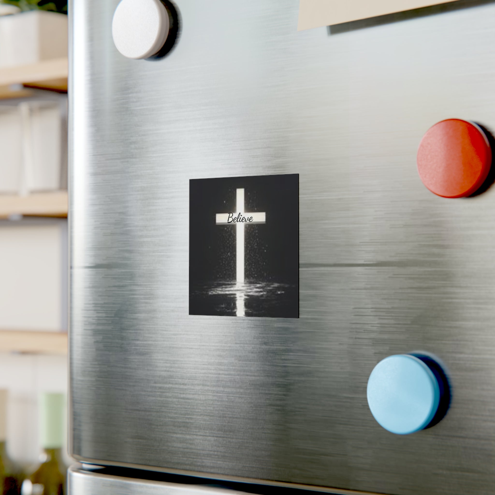 Believe Cross Square Magnet — Inspirational Christian Religious Fridge Magnet