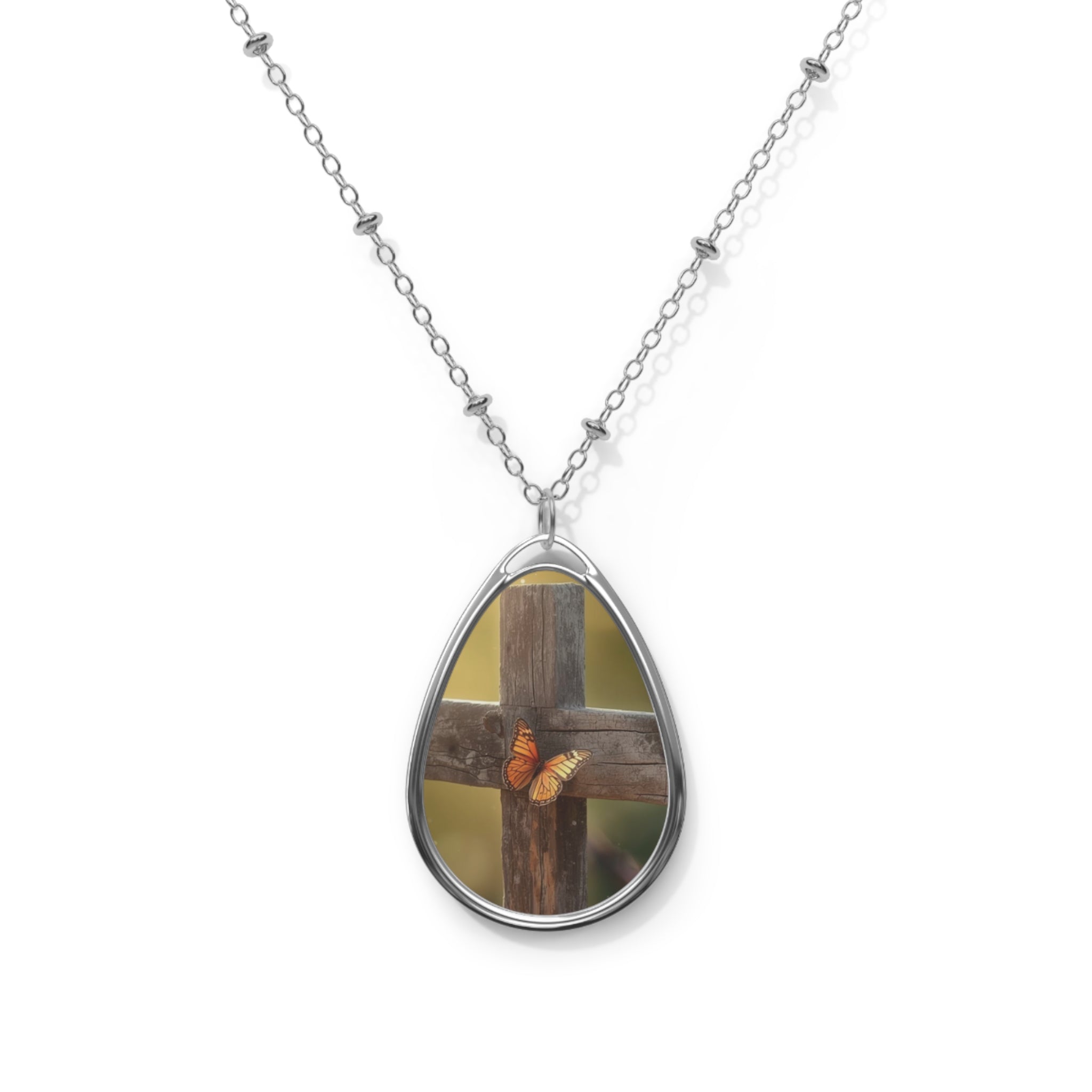 Oval Necklace — Devotional Bird on Cross Teardrop Pendant Necklace
