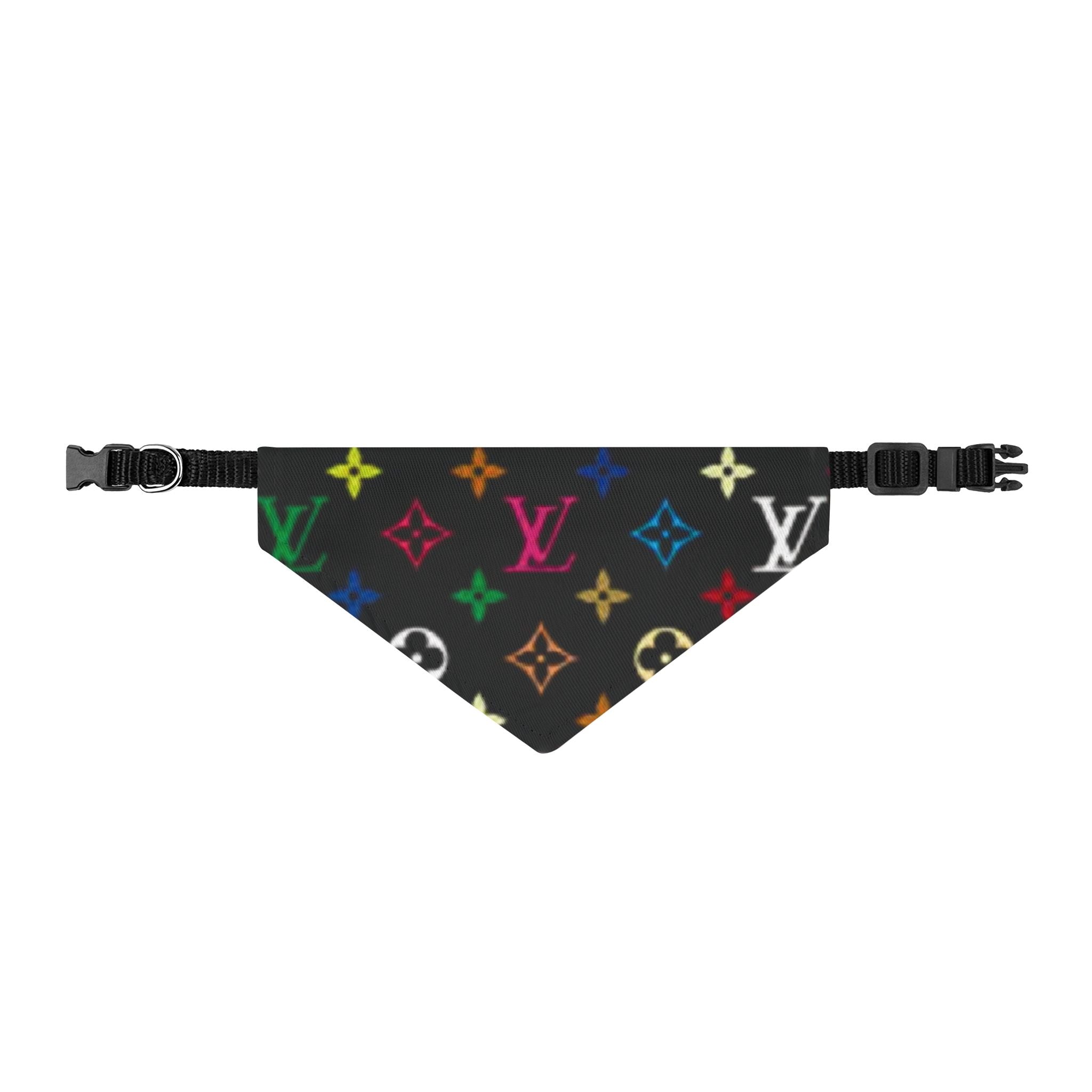 Designer-Inspired Clip-On Pet Bandana — Multicolor Monogram on Black
