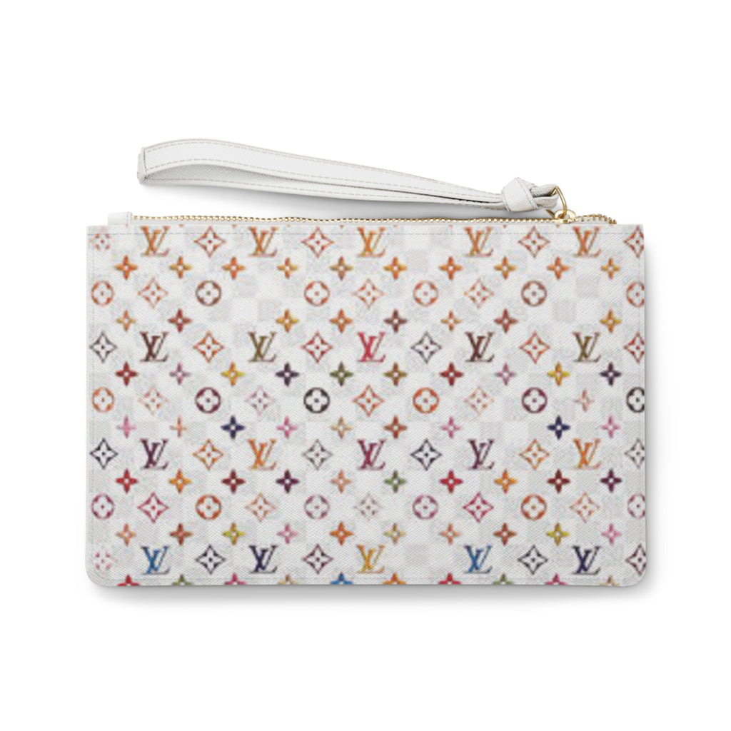 Designer-Inspired Monogram Clutch — White Multicolor LV Pattern Wristlet