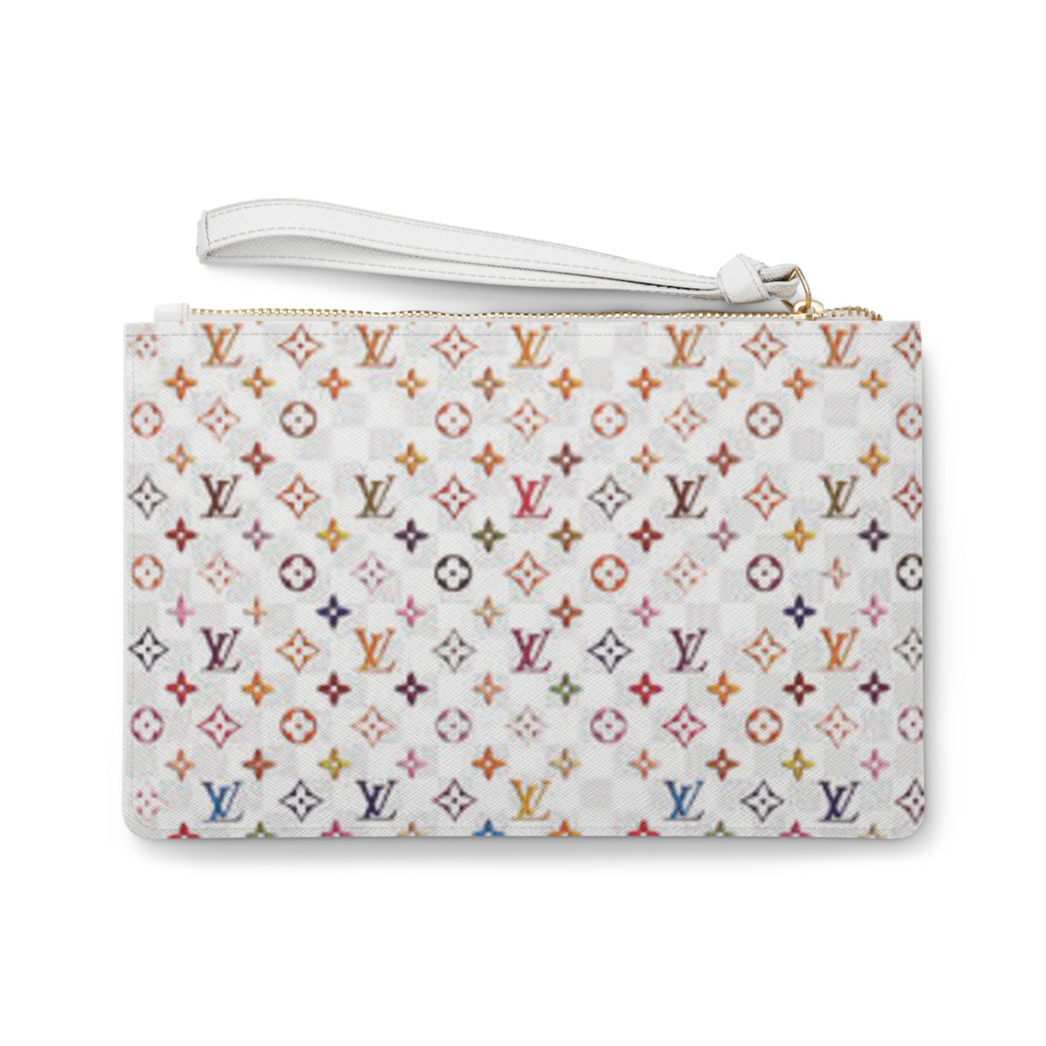 Designer-Inspired Monogram Clutch — White Multicolor LV Pattern Wristlet