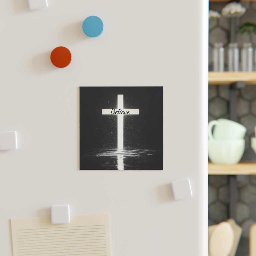 Believe Cross Square Magnet — Inspirational Christian Religious Fridge Magnet