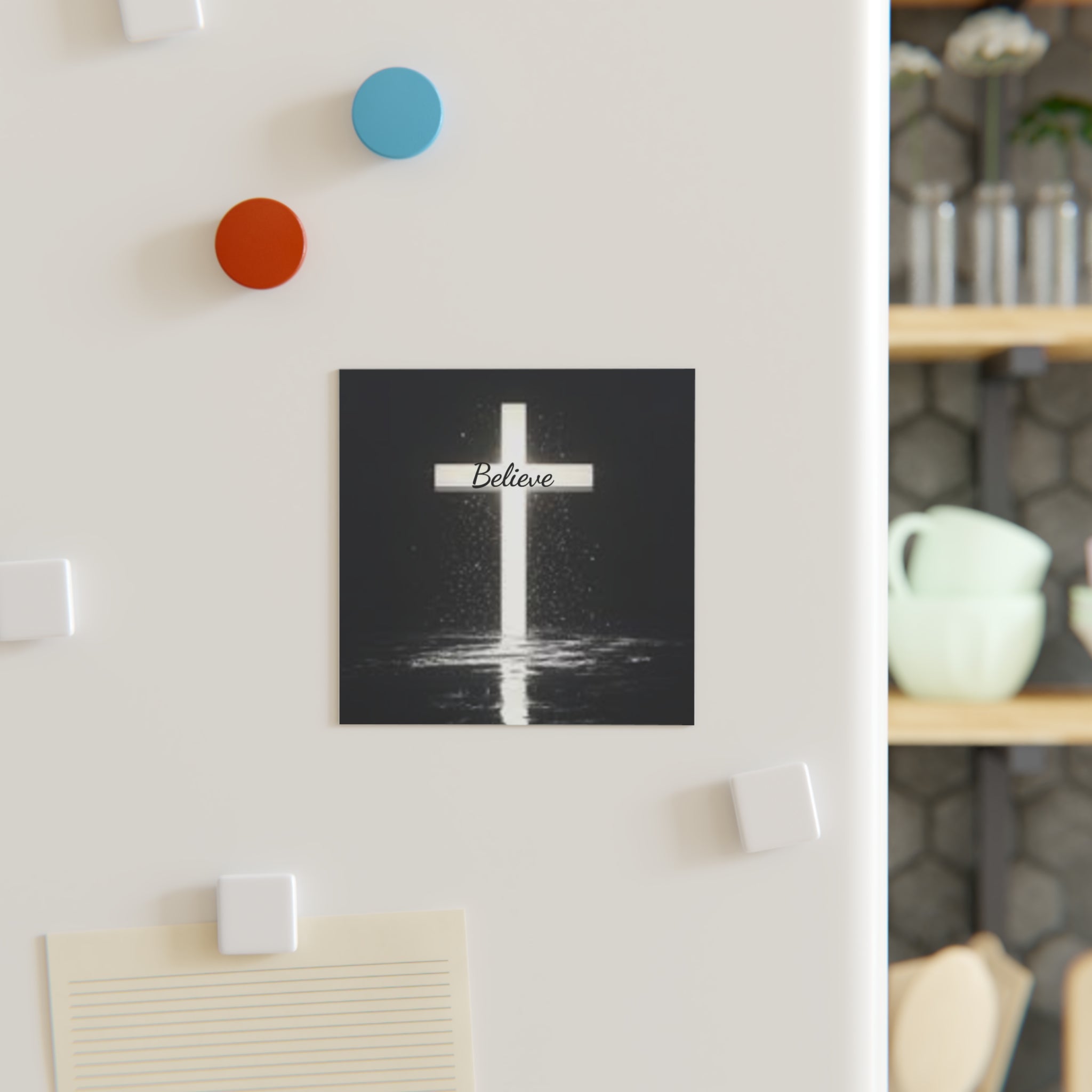 Believe Cross Square Magnet — Inspirational Christian Religious Fridge Magnet