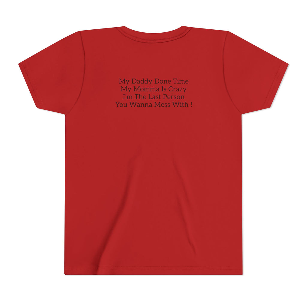 Youth Tee "Caution..." Back Quote — Protective Family Message Shirt