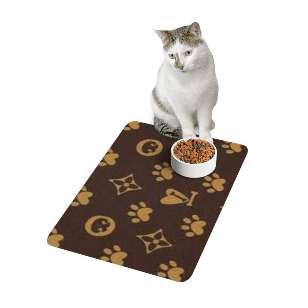 Luxury Paw Print Pet Food Mat (12x18) — Non-Slip Brown & Gold Feeding Placemat