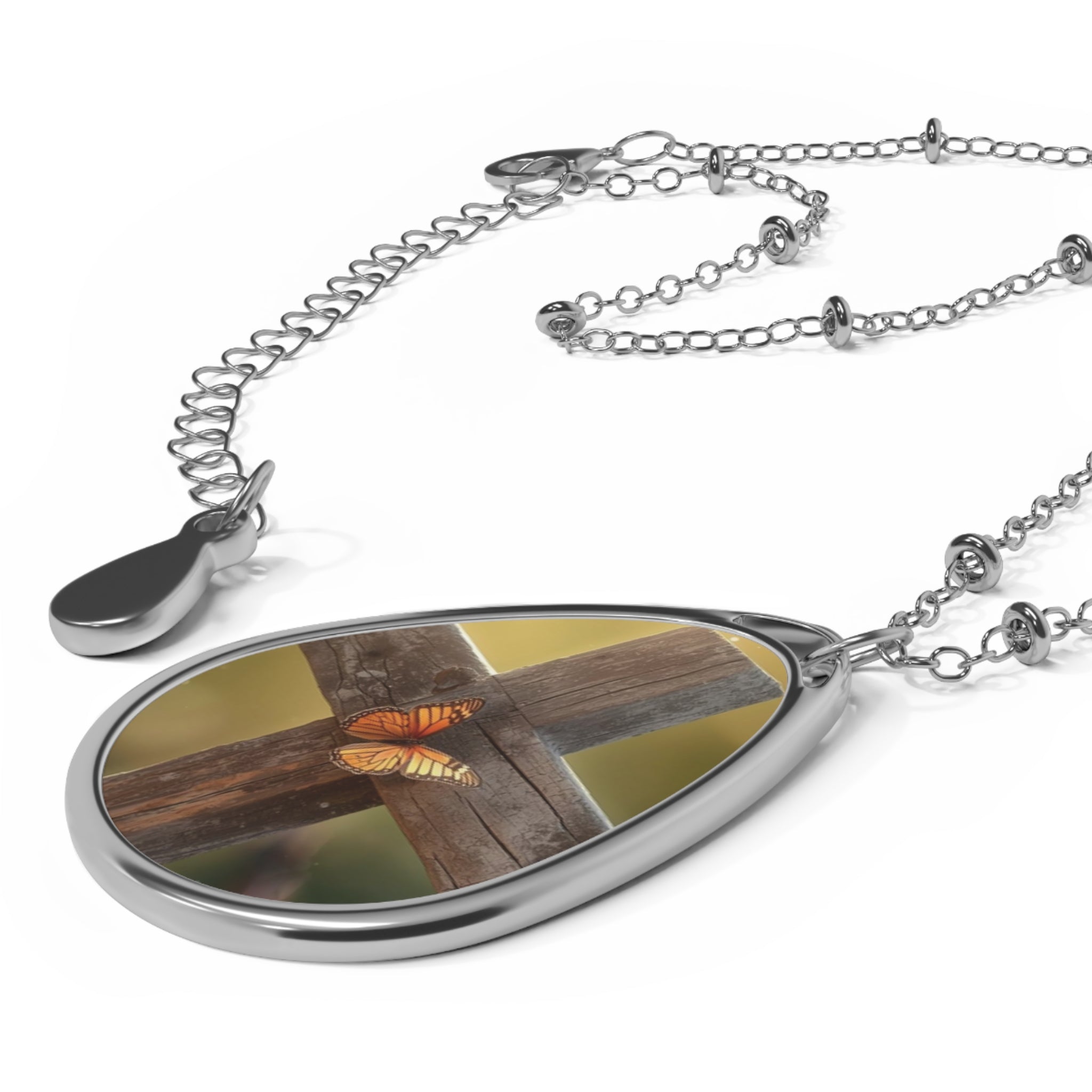 Oval Necklace — Devotional Bird on Cross Teardrop Pendant Necklace