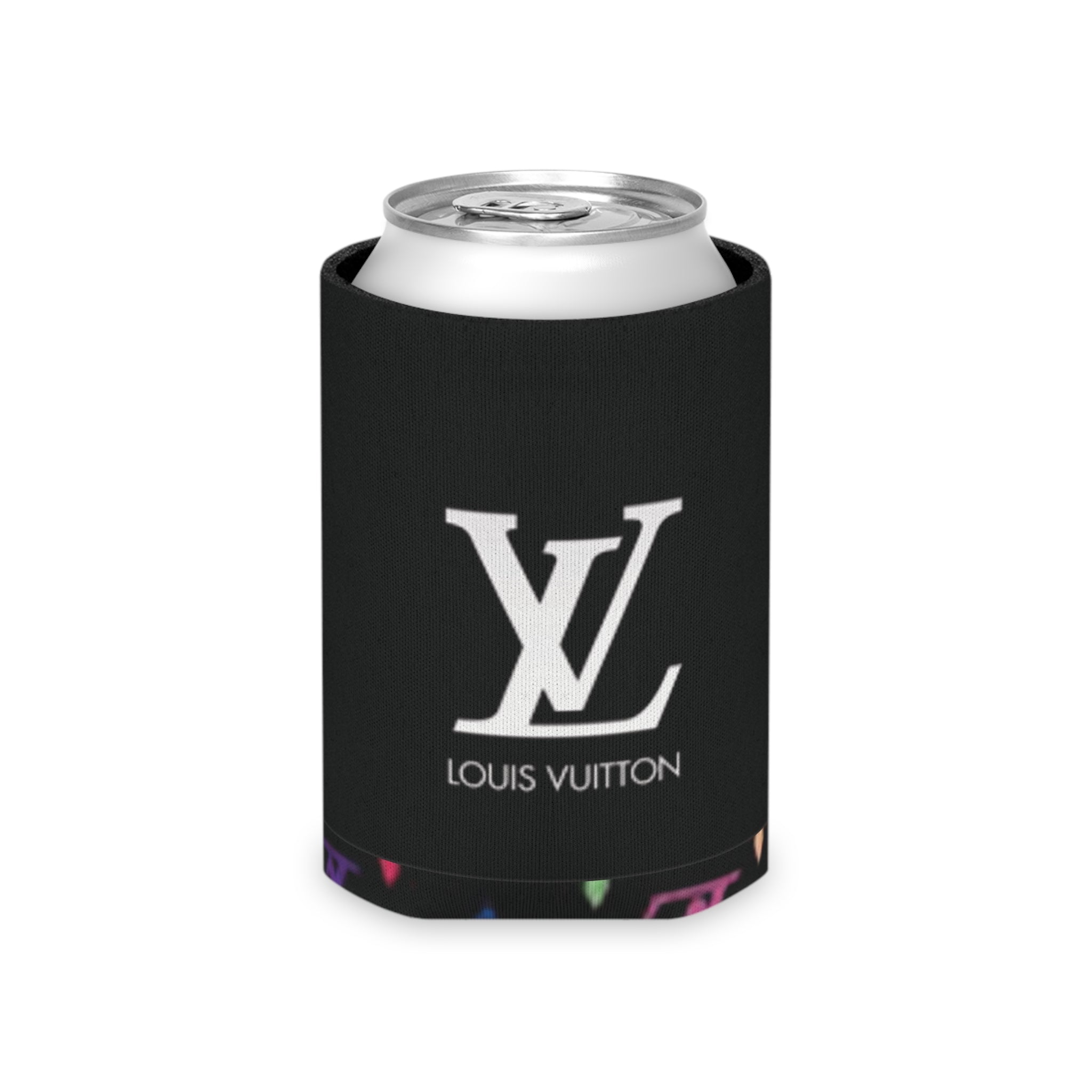 Designer Logo Can Cooler — Black Multicolor Monogram Neoprene Koozie