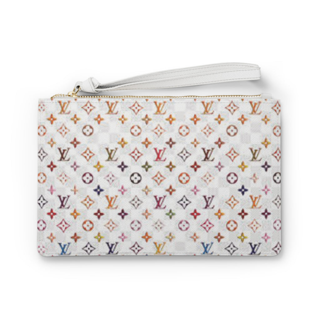 Designer-Inspired Monogram Clutch — White Multicolor LV Pattern Wristlet