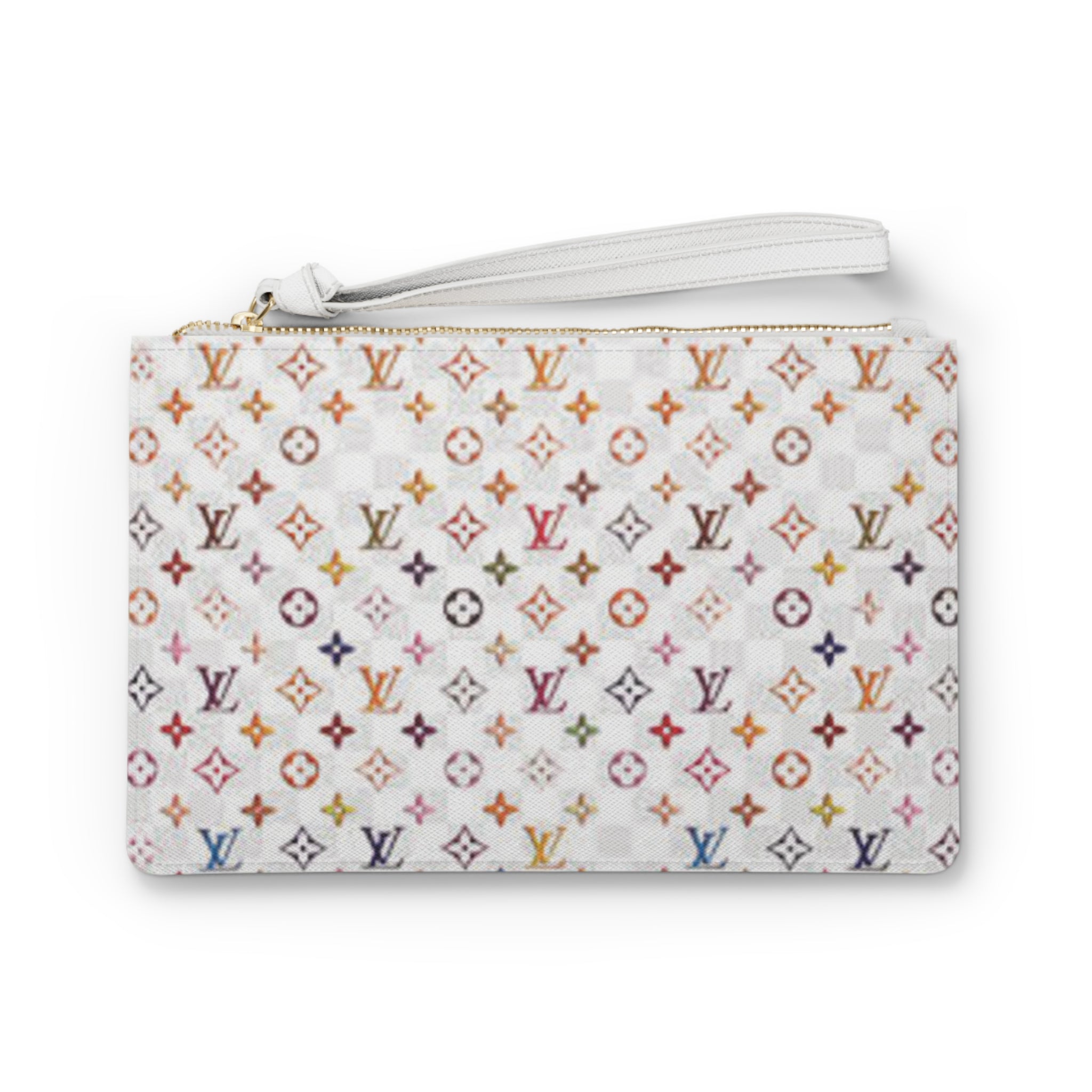 Designer-Inspired Monogram Clutch — White Multicolor LV Pattern Wristlet