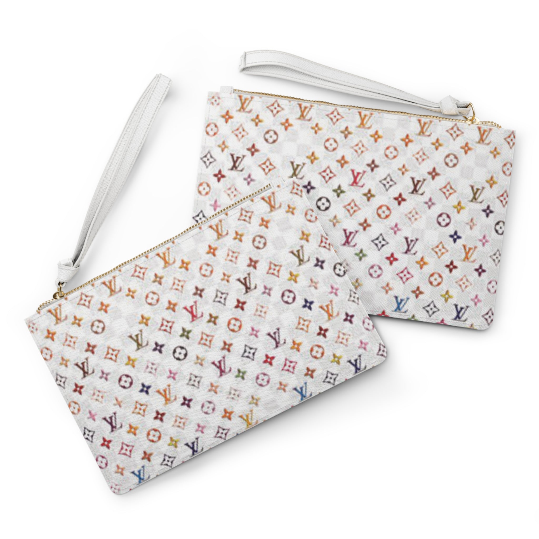 Designer-Inspired Monogram Clutch — White Multicolor LV Pattern Wristlet