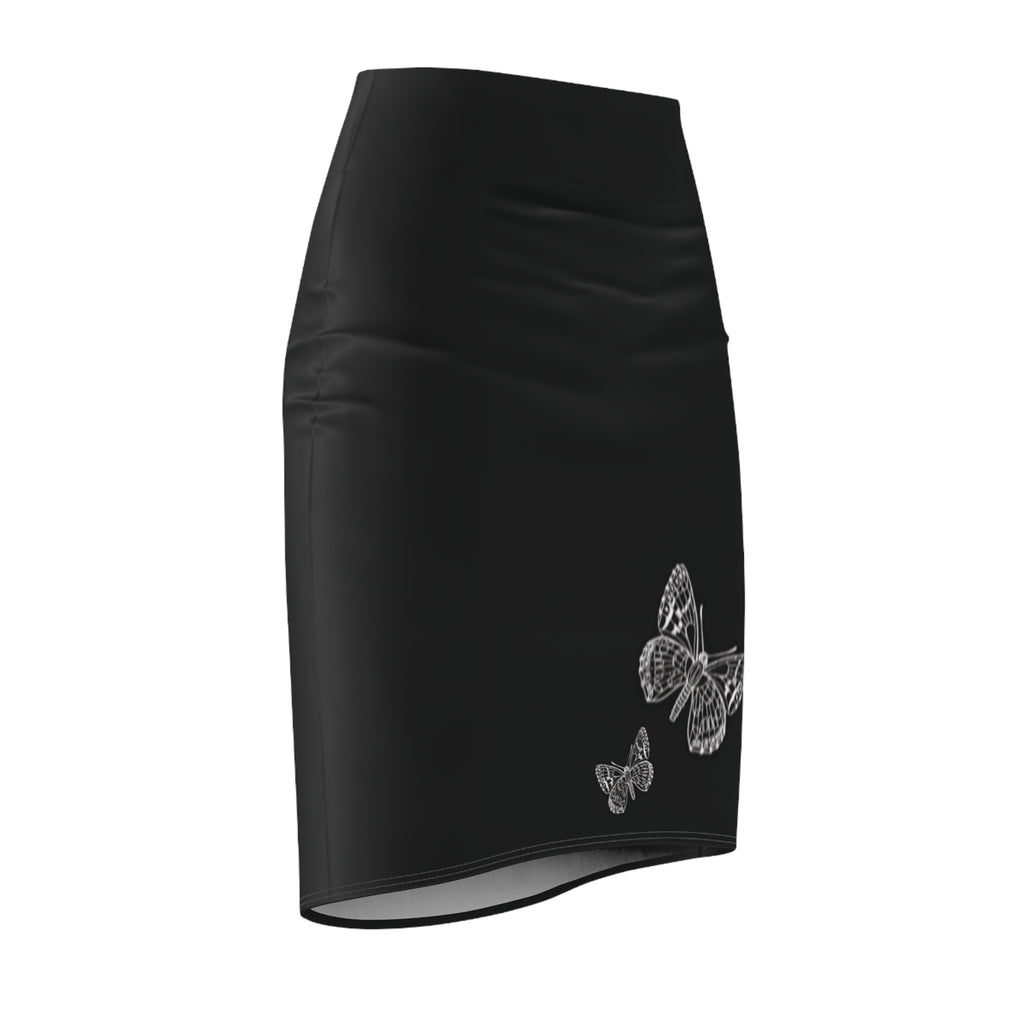 Black Pencil Skirt with White Butterfly Print — Women's Elegant Floral Office Skirt