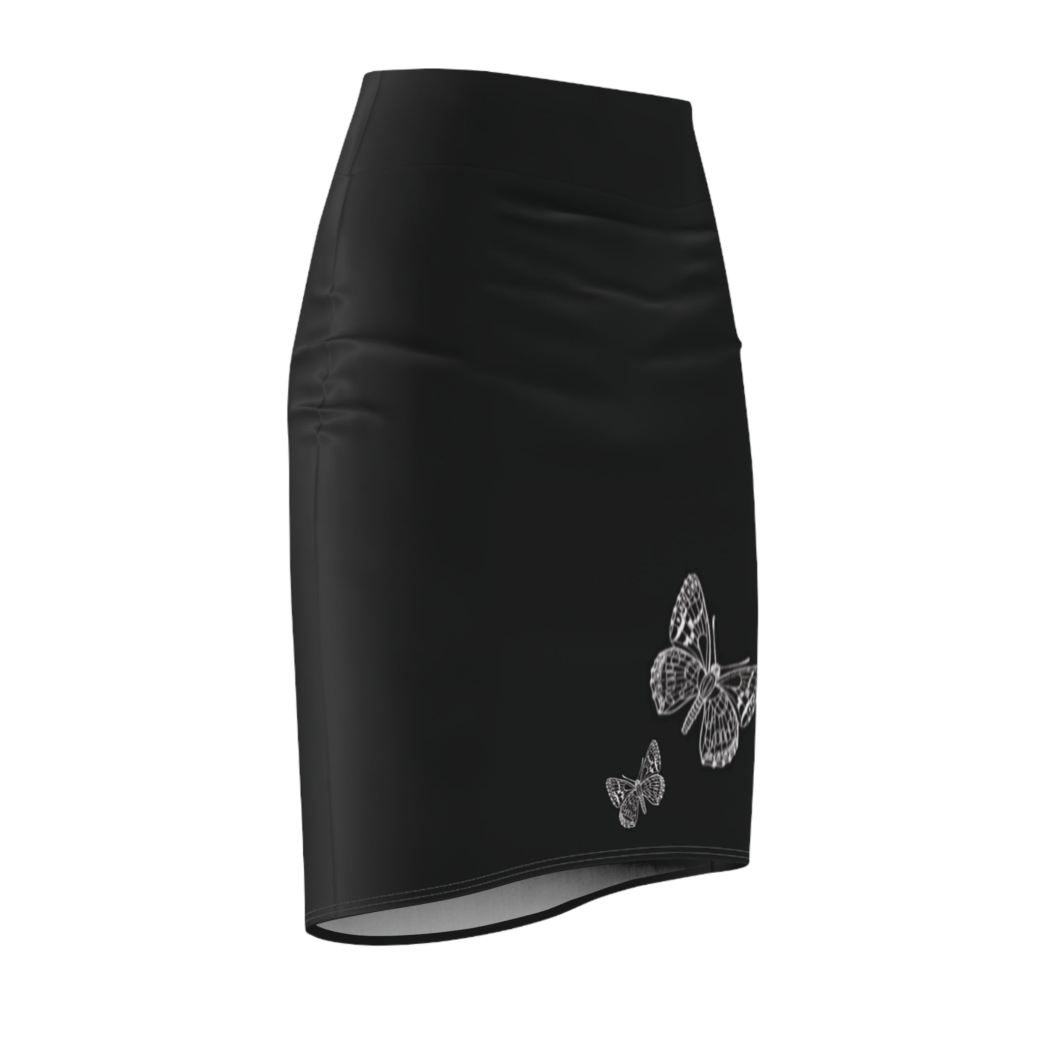 Black Pencil Skirt with White Butterfly Print — Women's Elegant Floral Office Skirt