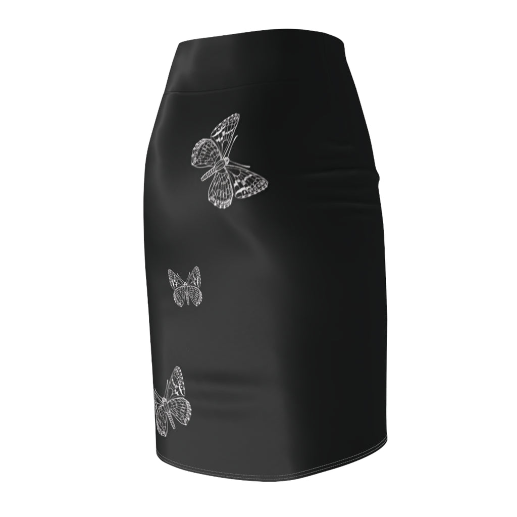 Black Pencil Skirt with White Butterfly Print — Women's Elegant Floral Office Skirt