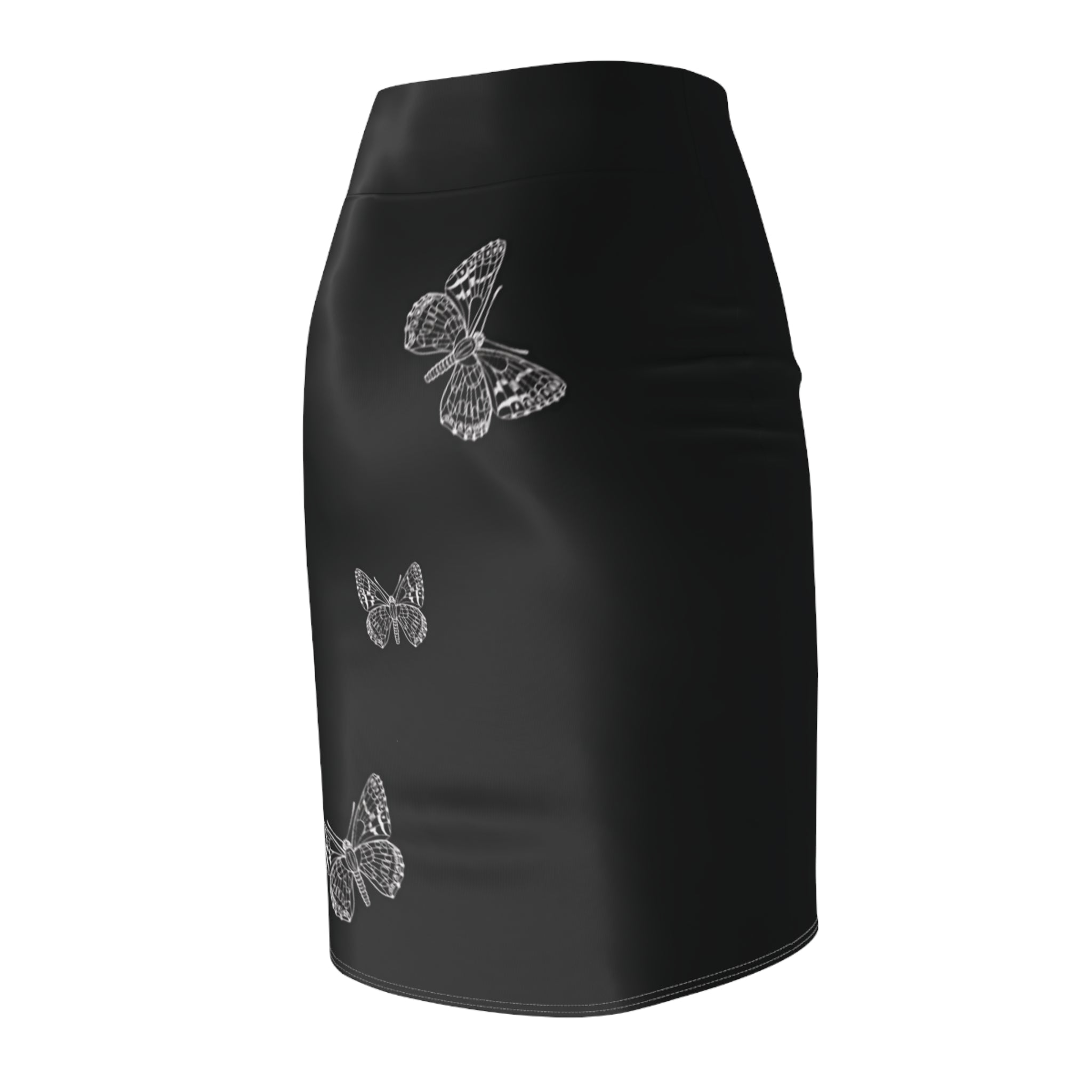 Black Pencil Skirt with White Butterfly Print — Women's Elegant Floral Office Skirt