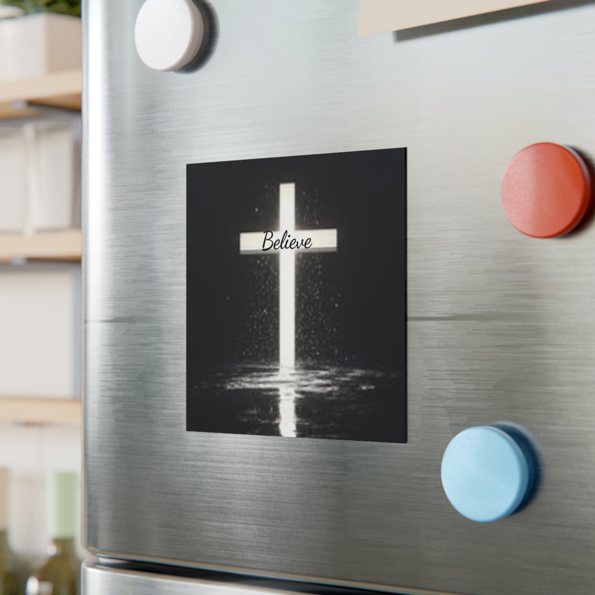 Believe Cross Square Magnet — Inspirational Christian Religious Fridge Magnet